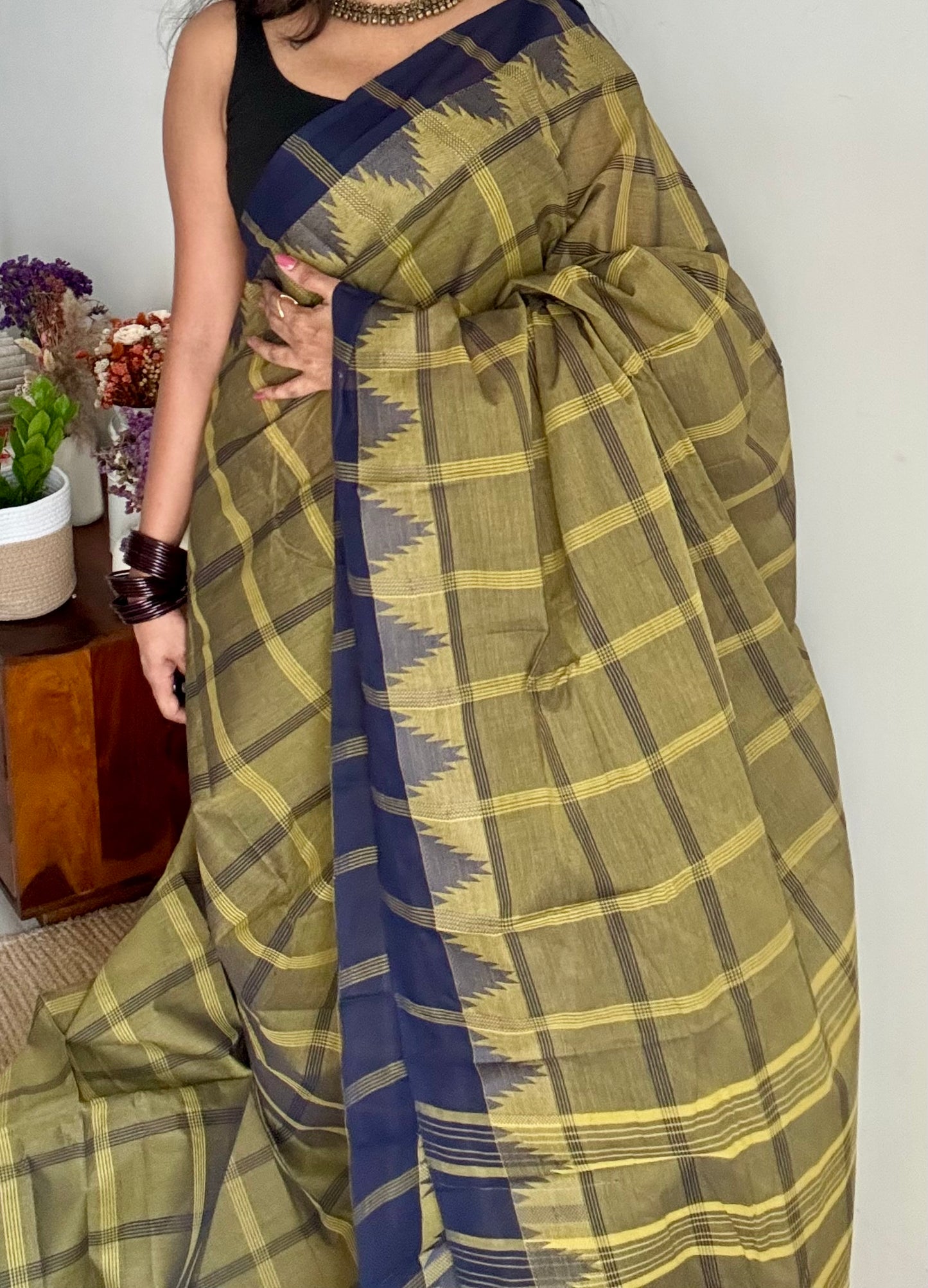 Chettinad cotton saree with olive green and navy checks, temple motif border - YCCOTNAP67
