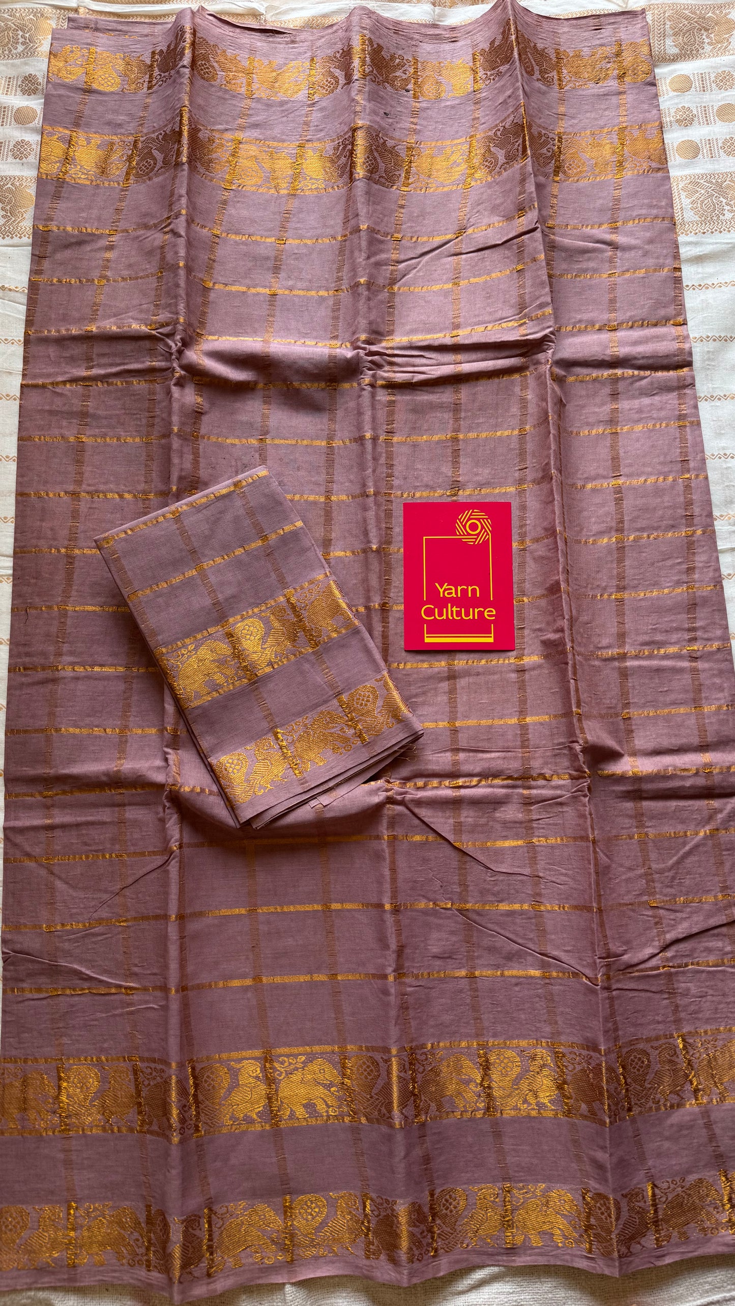 Light dusty rose kattam with motif double border, kattuchayam dyed madurai cotton saree - YCCOTNMSAP175