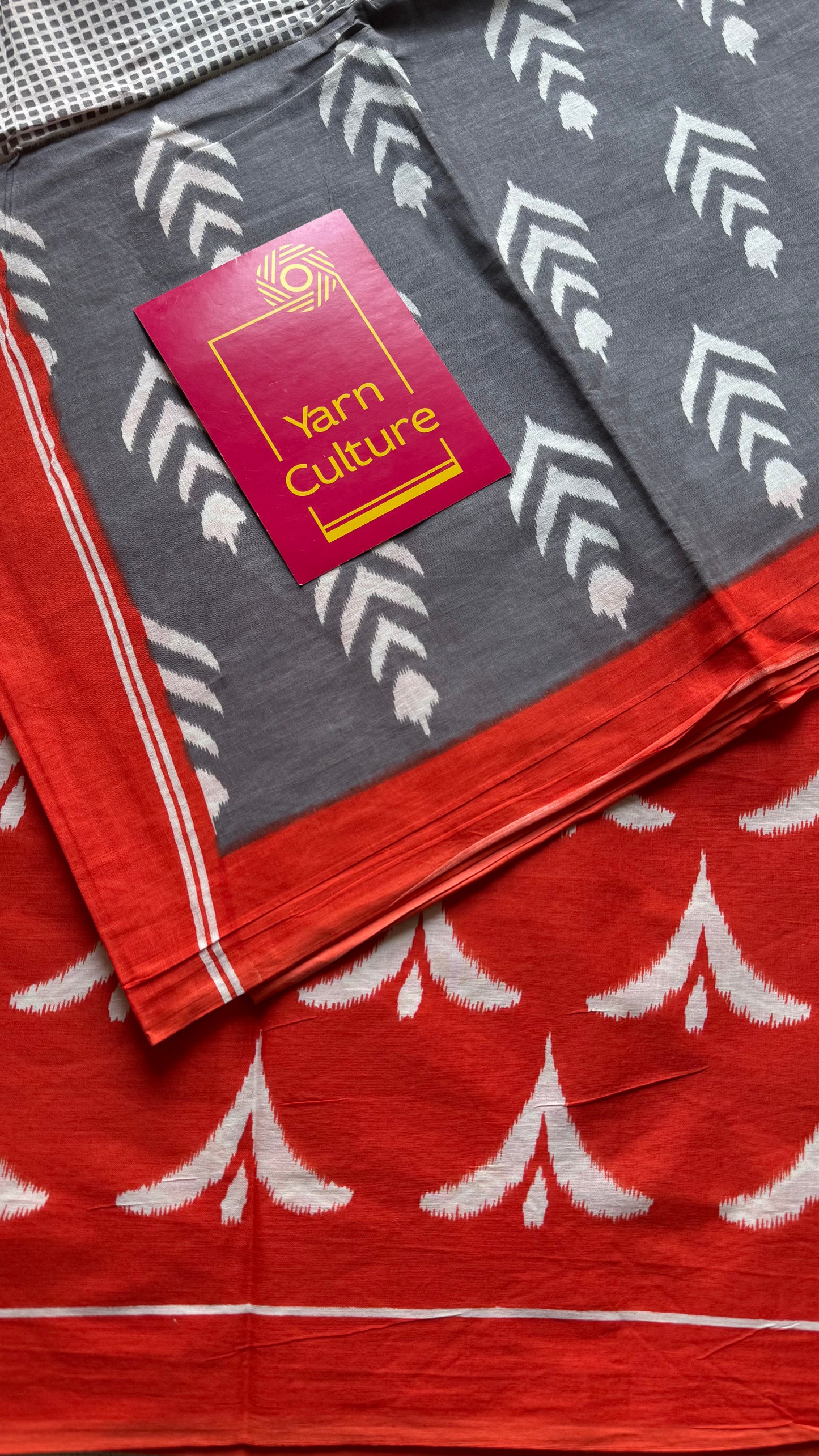 Grey with red border, white motifs, soft cotton saree - YCTORCMA07