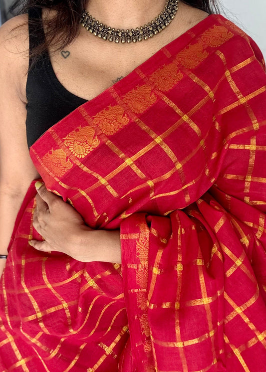 Red pavithra kattam sungudi, madurai cotton - YCCOTNSEMS01