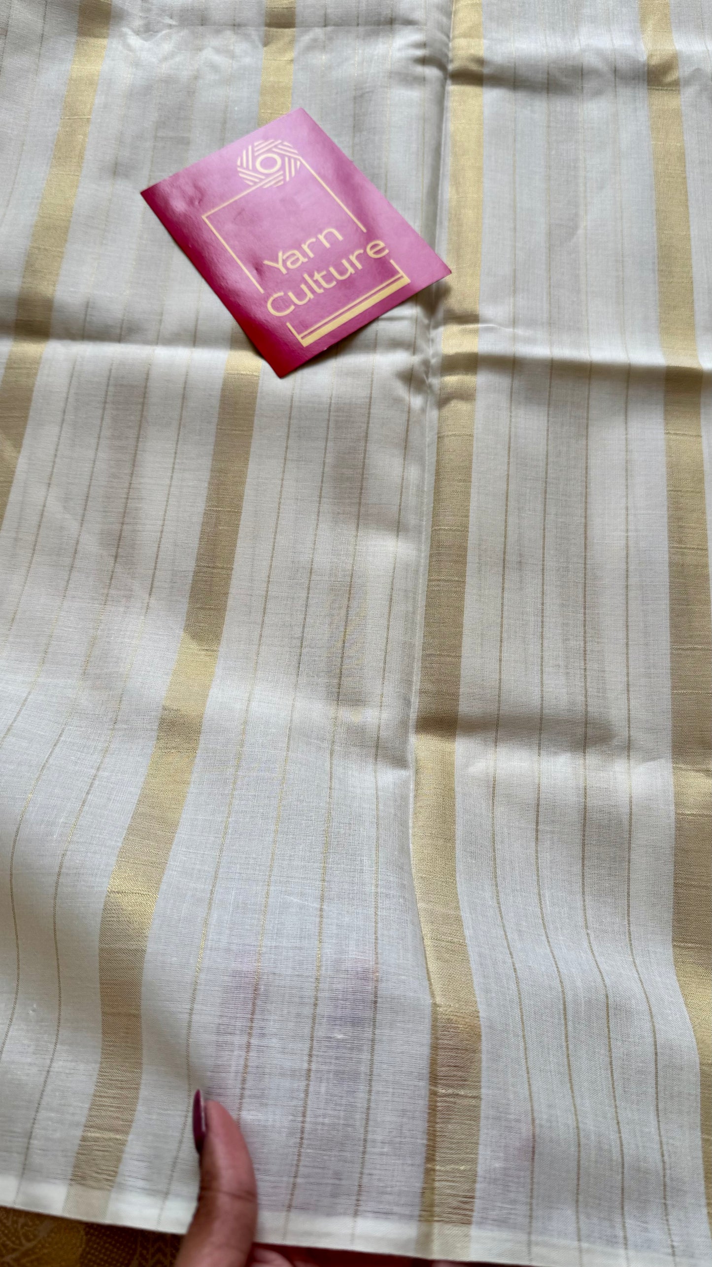 Ivory and gold kerala saree with gold stripes - YCIEON44