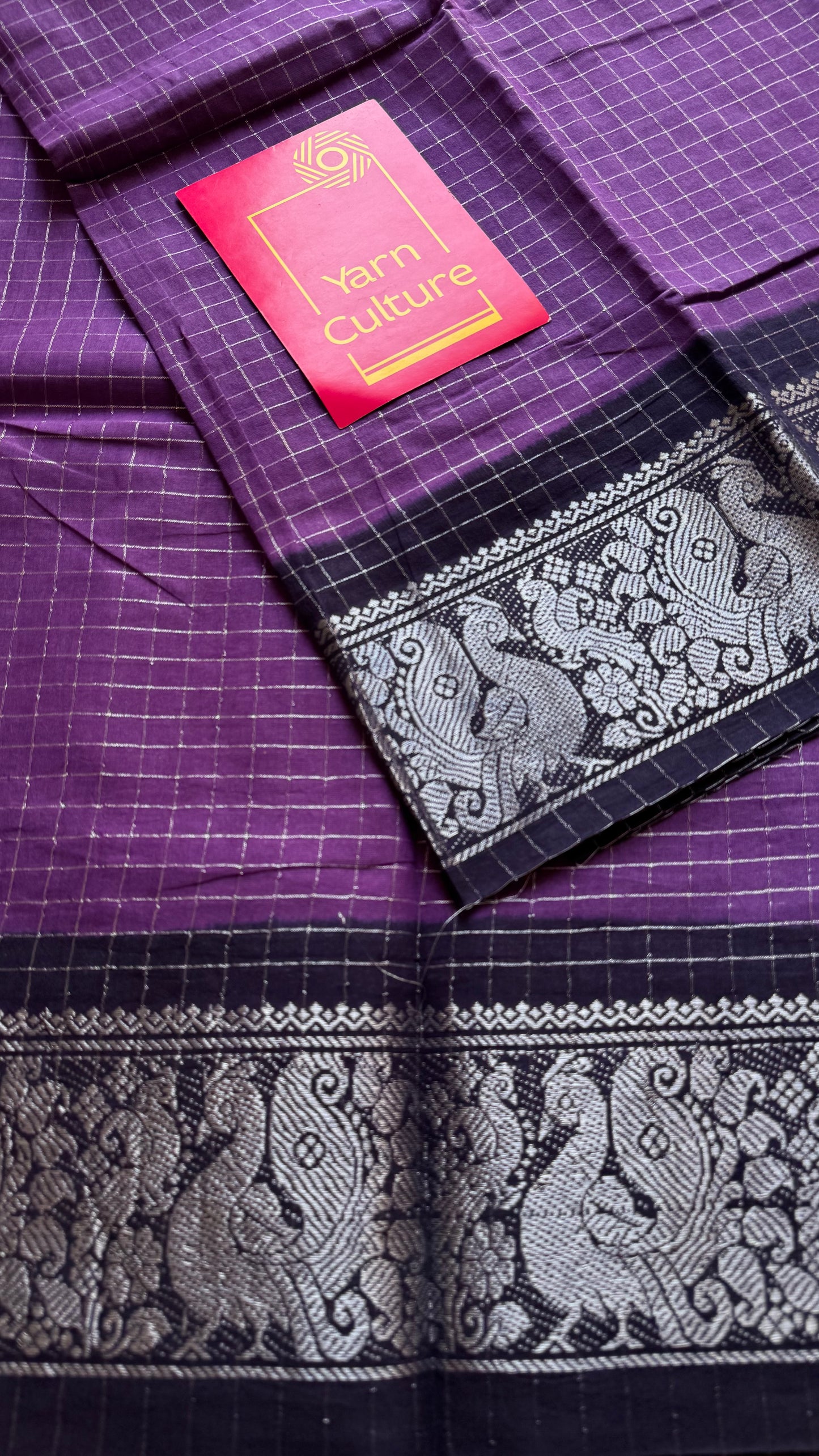Purple with dark blue, silver zari checkered sungudi, kattuchayam dyed madurai cotton - YCCOTNMSAP105