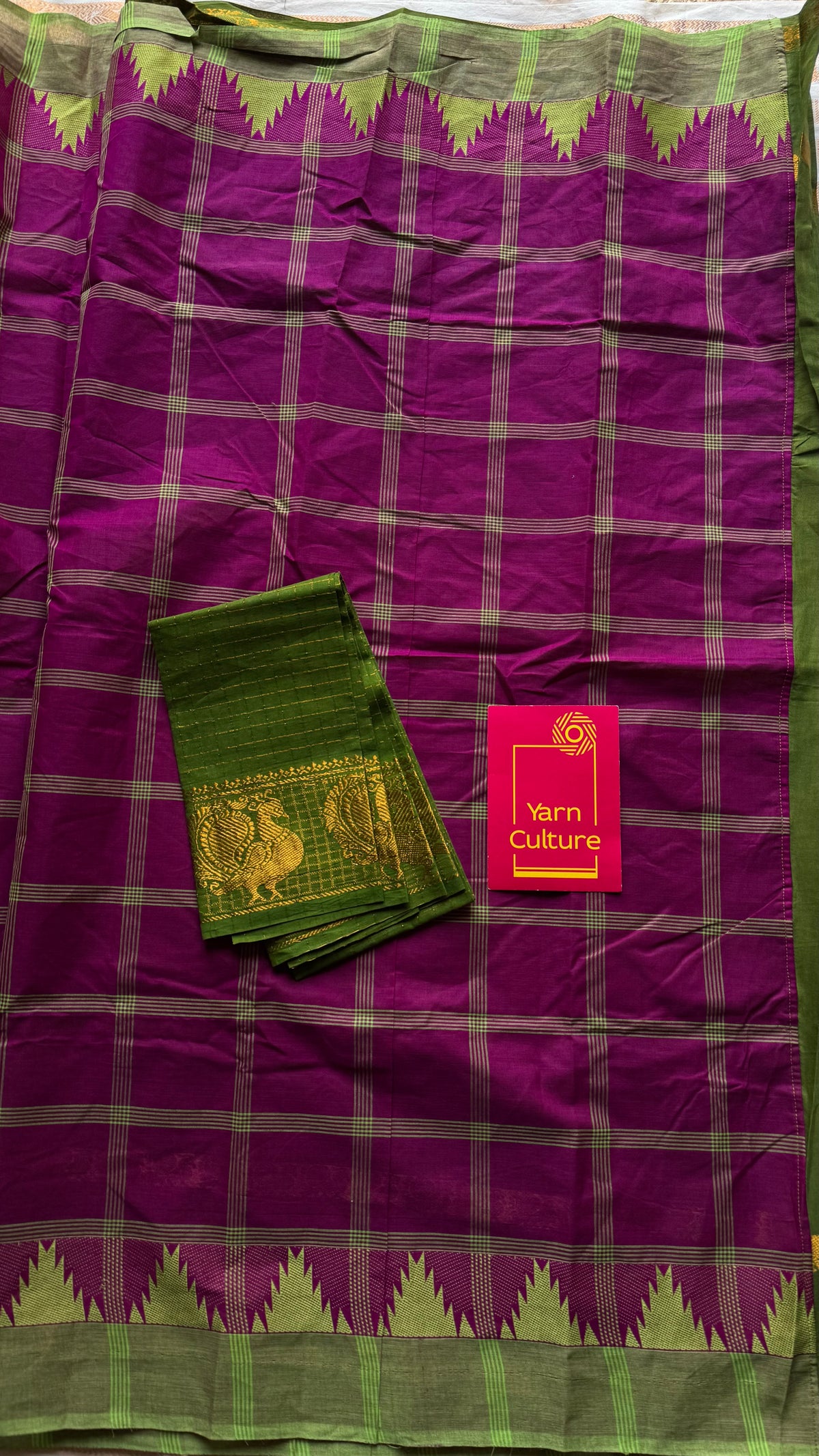 Green with multicoloured checks, sungudi and chettinad cotton half and half saree - YCCOTNIDOC148