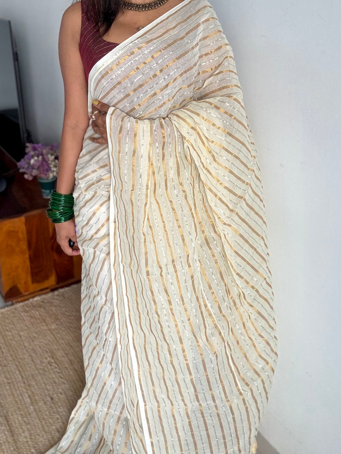 Ivory mul saree with gold and silver stripes - YCBCMCFE298