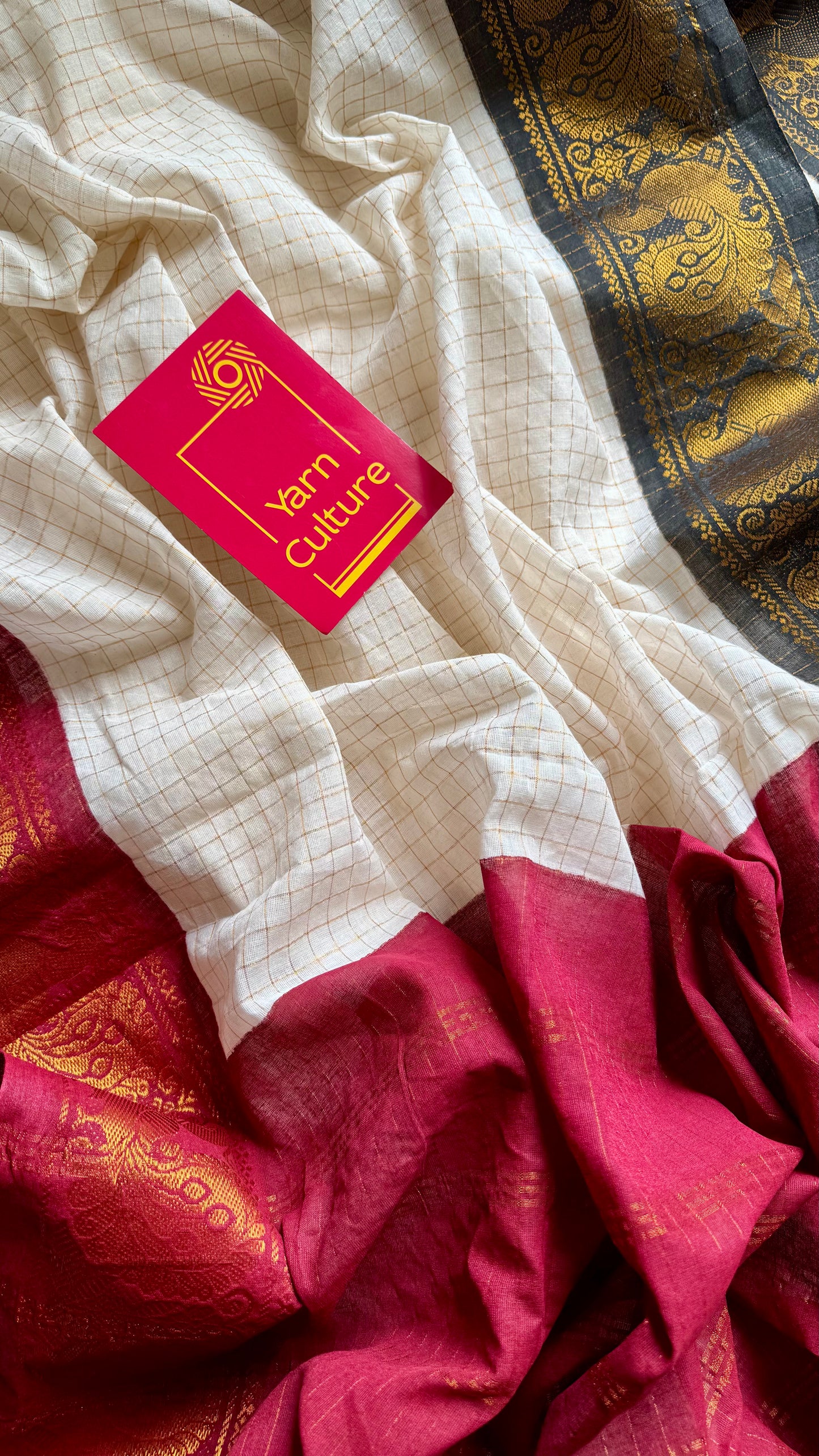 Ayesha : Chembarathi - Sungudi checks, ivory gold base, black and maroon dual tone border, soft cotton - YCIEON162