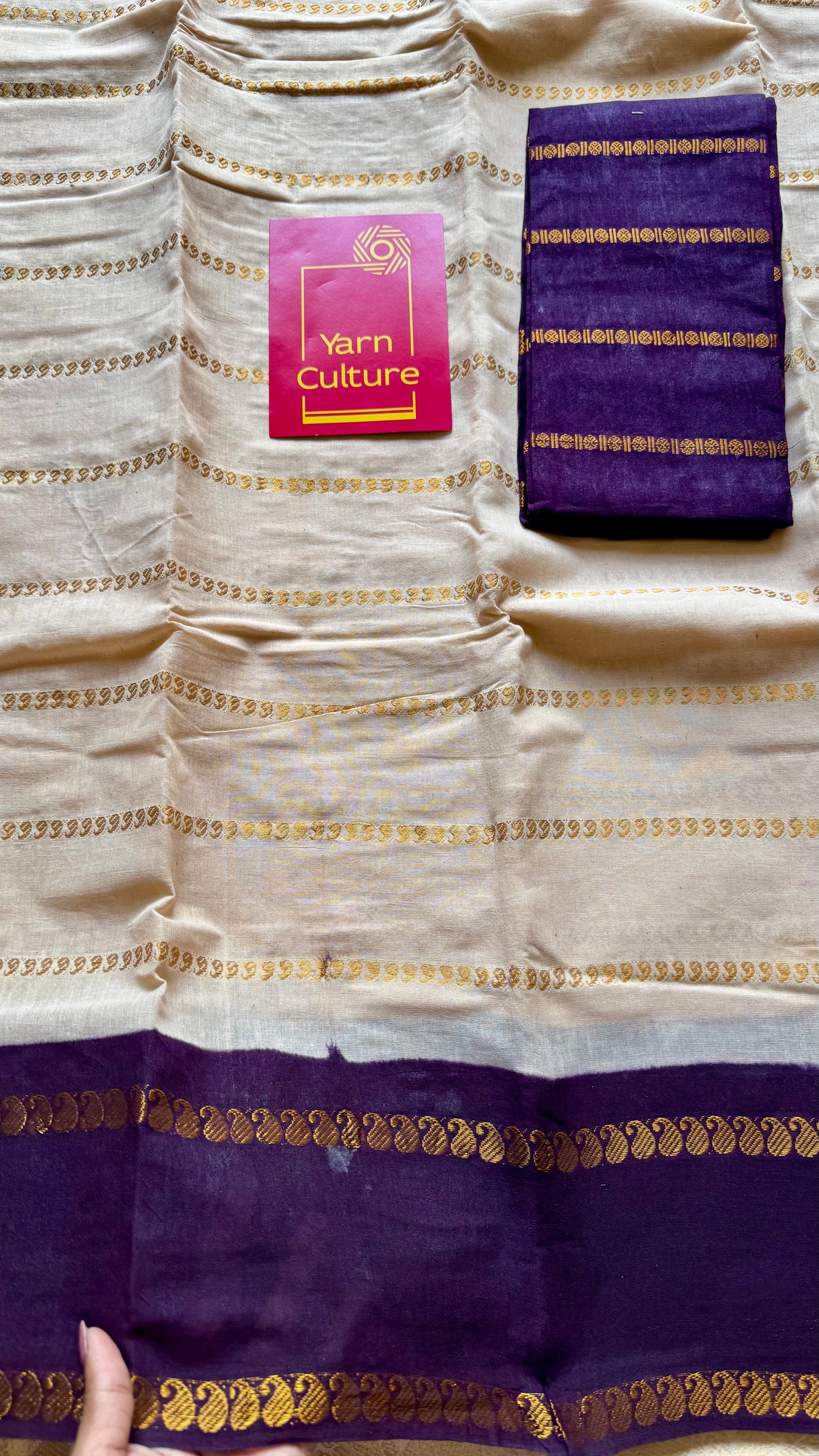 Ivory with purple brown contrast paisley sungudi, kattuchayam dyed madurai cotton - YCIEON90