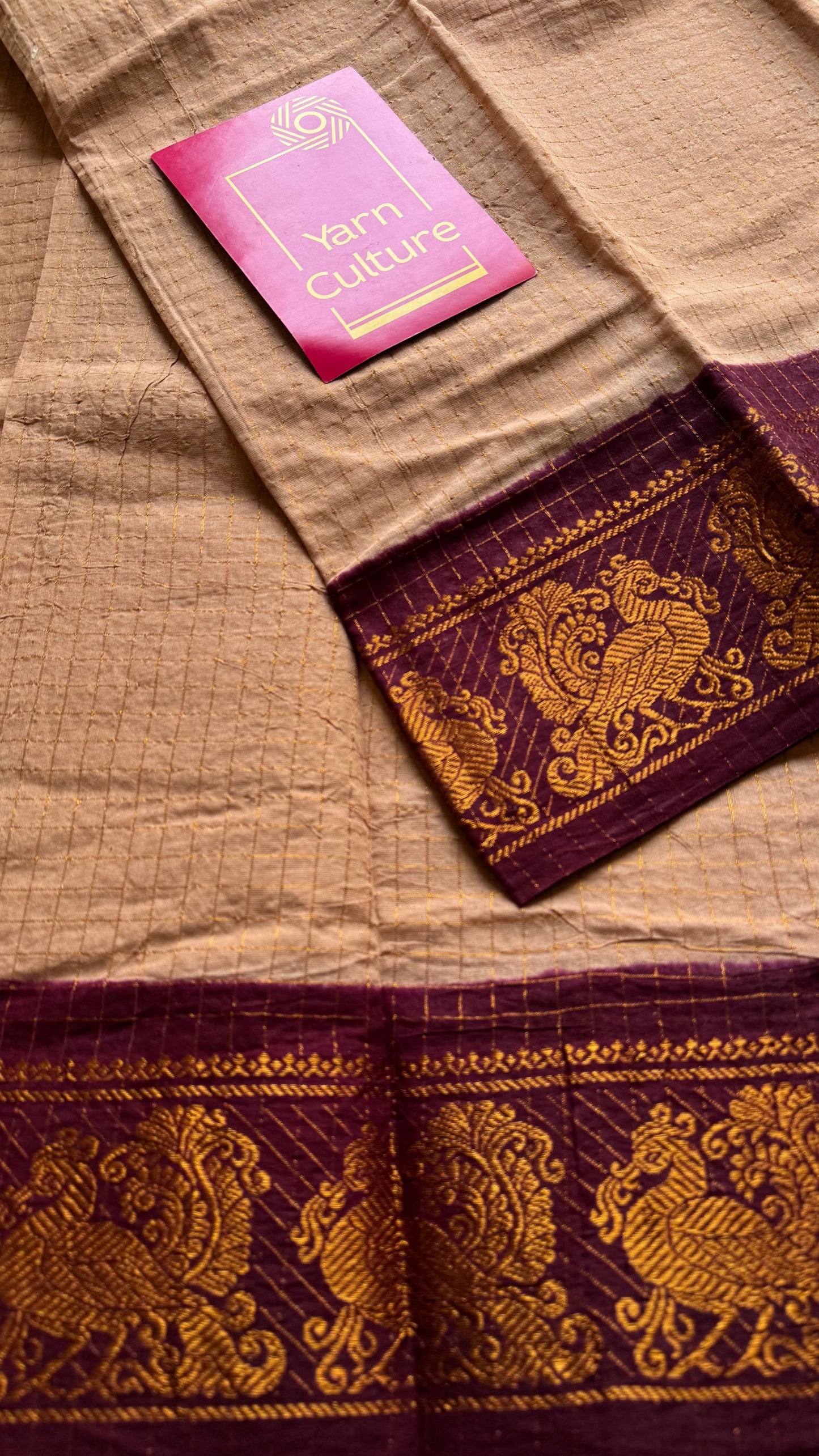 Dark beige with maroon contrast zari checkered sungudi, kattuchayam dyed madurai cotton - YCCOTNMSAP162