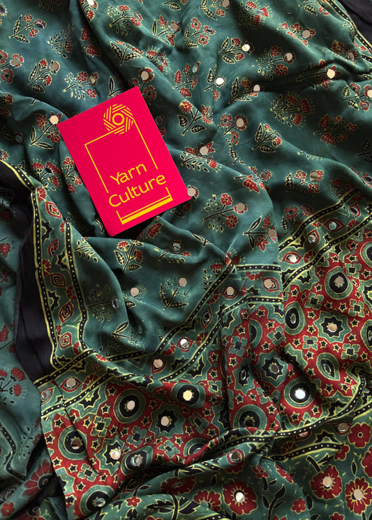 Jade green pure modal silk saree with ajrakh handblock print and mirror work - YCTOKAJM340