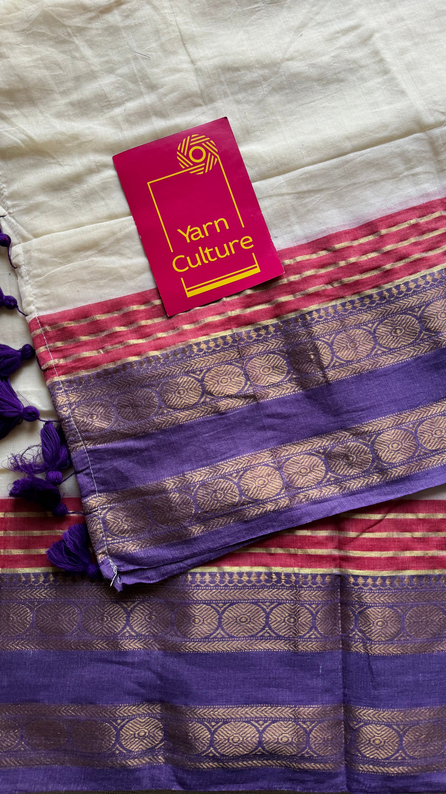 Ivory mul saree with purple and red motif zari border  - YCBCMCFE299