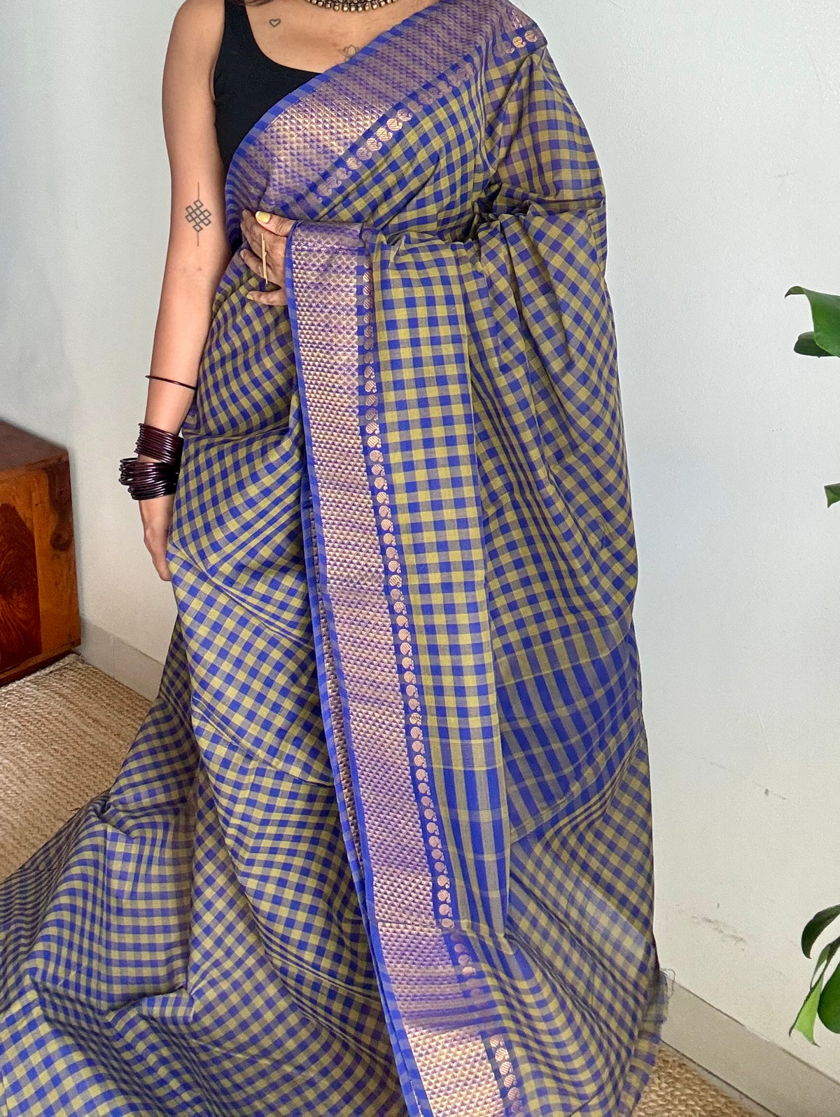 Chettinad cotton saree with green and blue checks, zari motif border - YCCOTNCKSE46