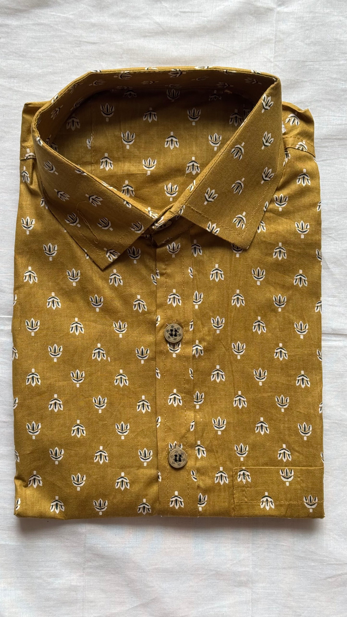 Mehendi Green Lotus Motif Block Printed Cotton Men's Full Sleeve Collared Shirt - YCMSEIE202