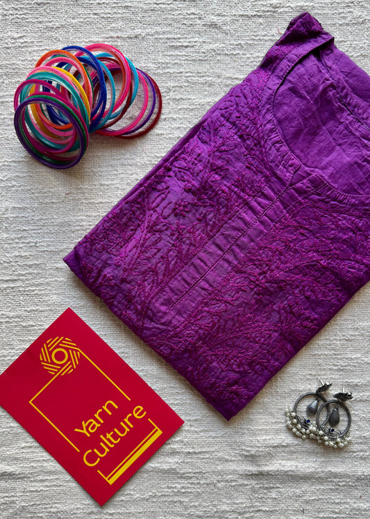 Purple pink muslin chanderi chikankari with bakhiya work, stitched kurta, round neck, three fourth sleeves - YCSECKJA145