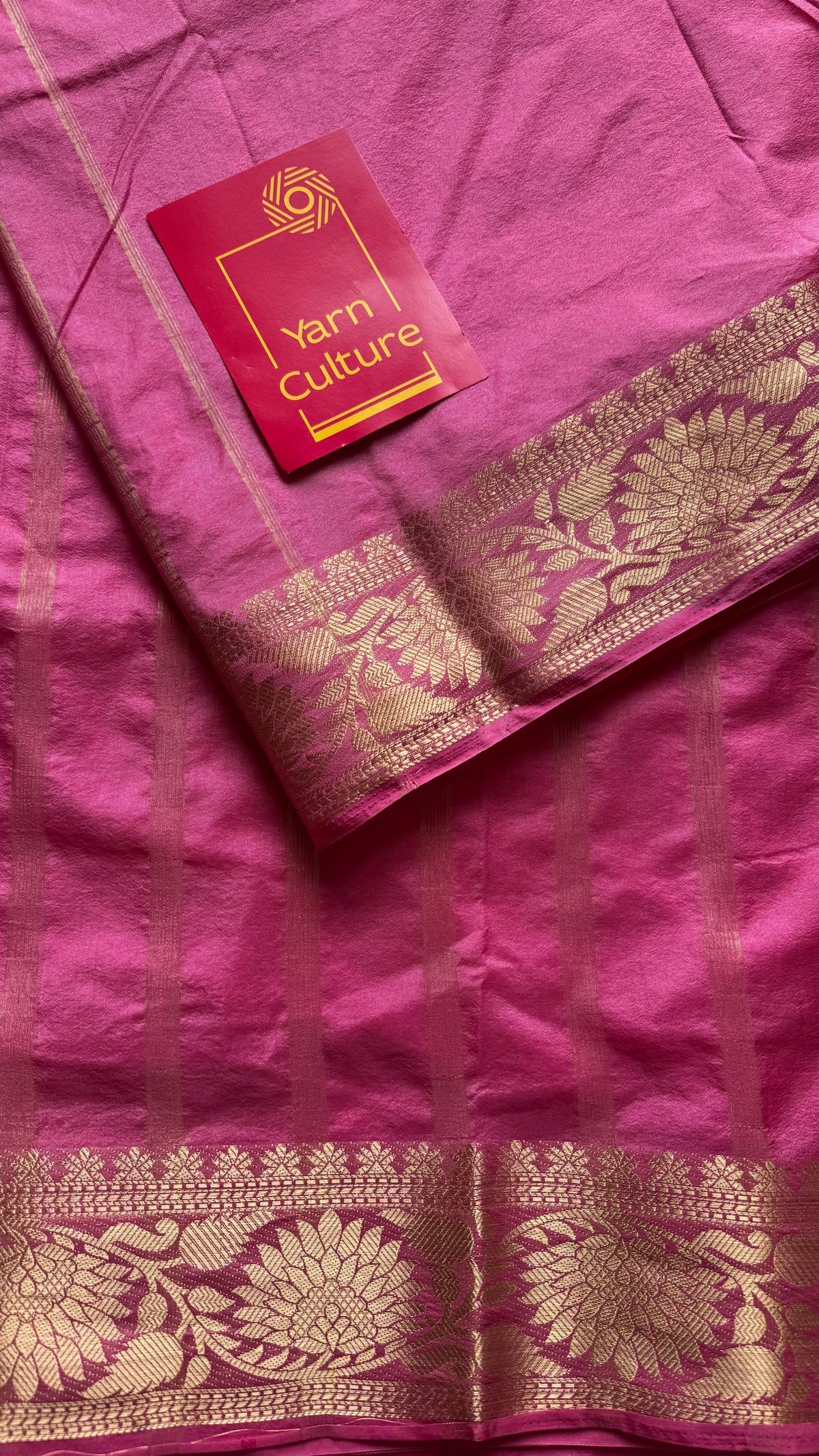 Pink, semi crepe silk saree with antique gold floral border - YCLOKOC55