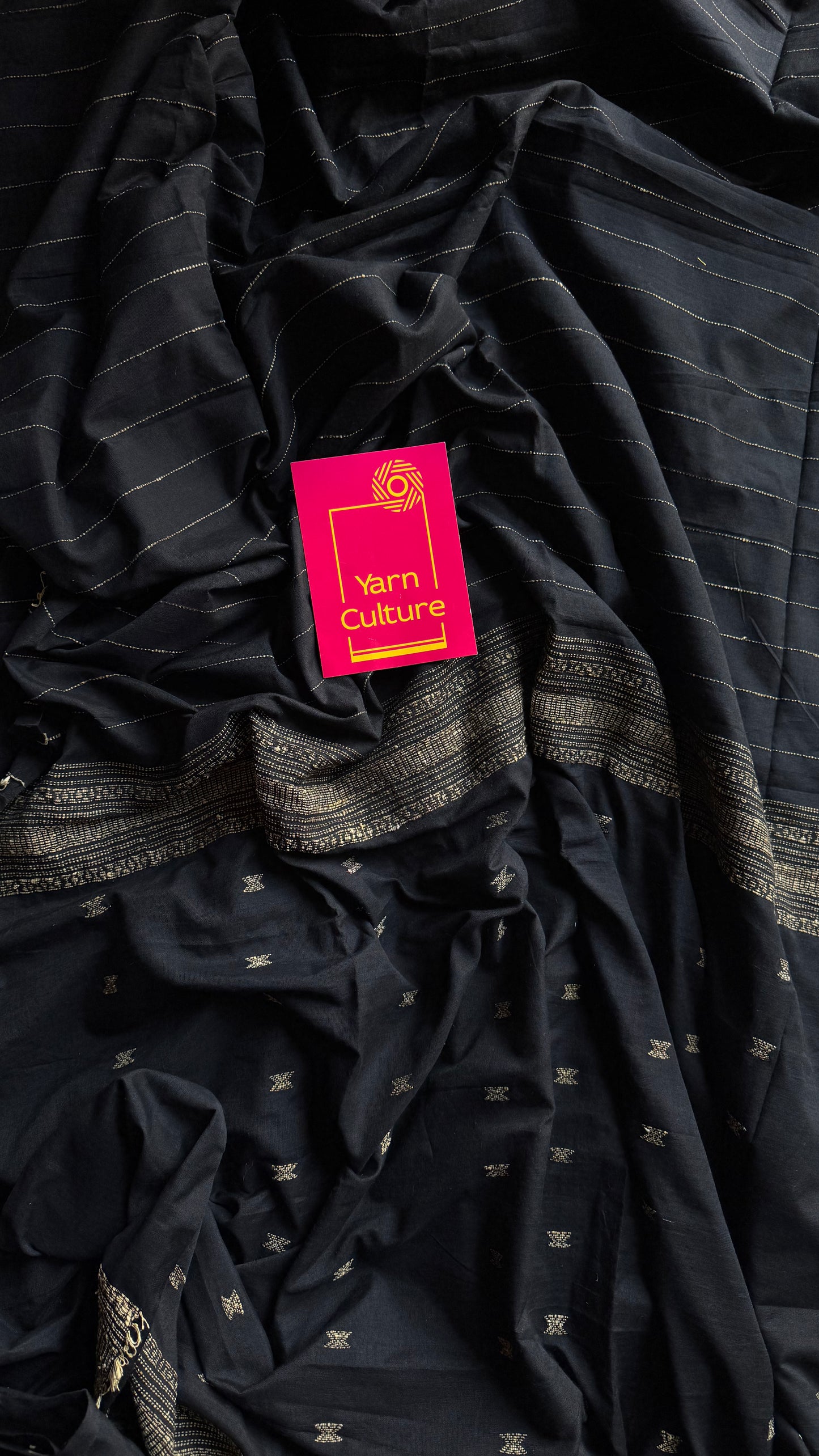 Black, bhujodi patterned soft khadi cotton saree - YCBCKCDE22