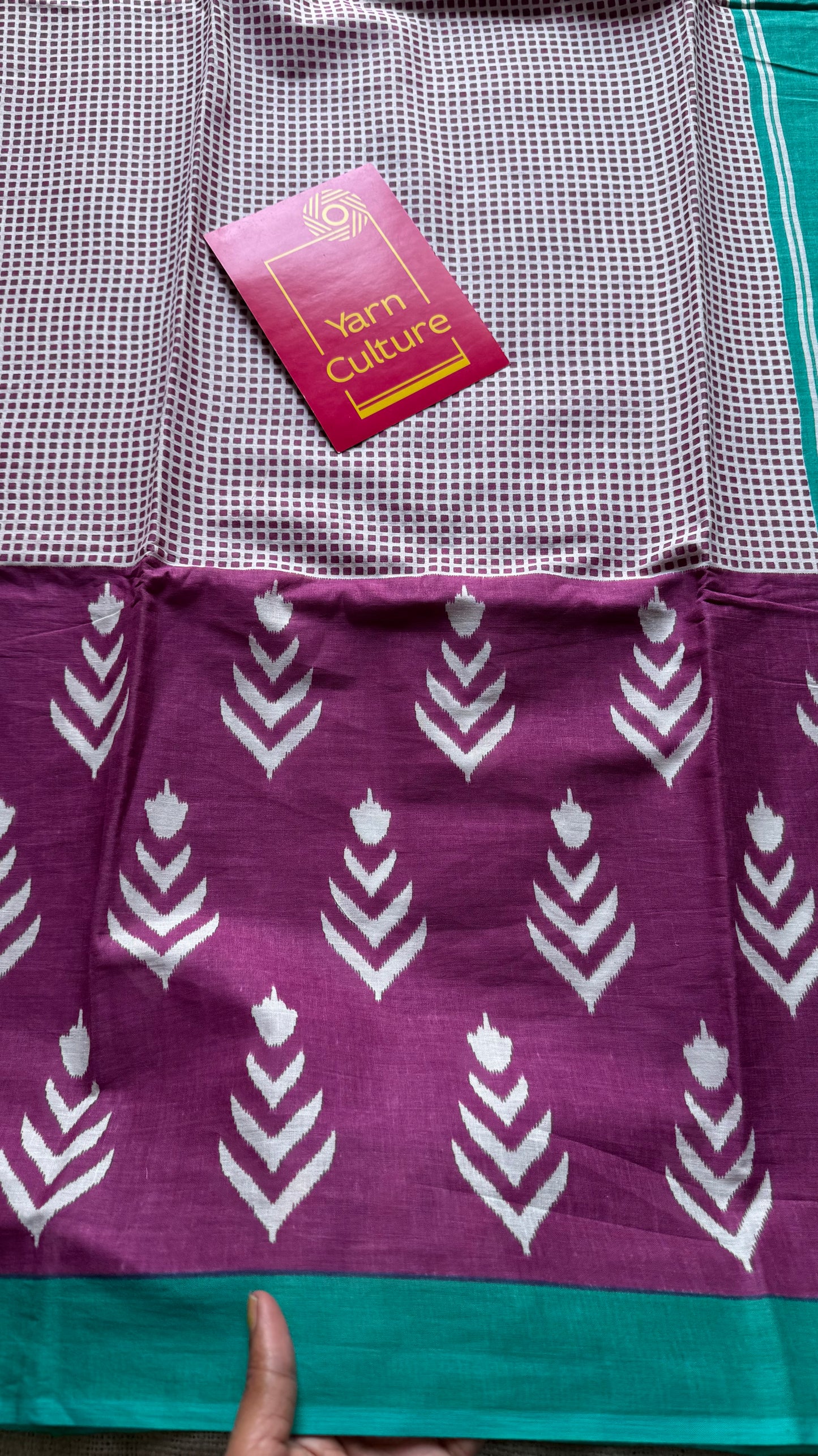 Magenta with turquoise green and white motifs, soft cotton saree - YCTORCMA06