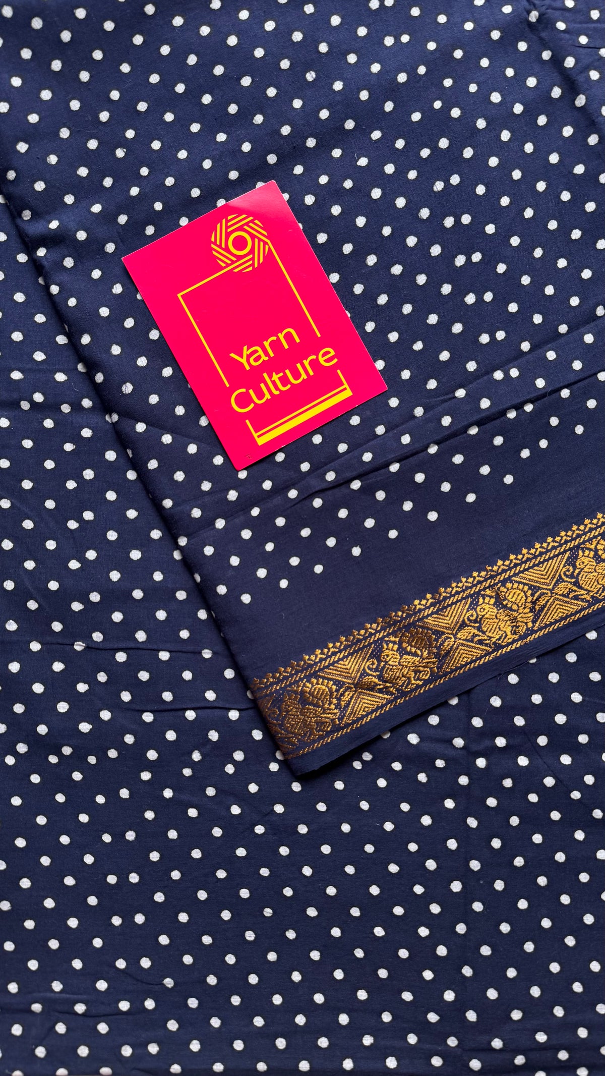 Dark blue sungudi dotted, single-side border, kattuchayam dyed madurai cotton saree - YCCOTNMSSE02