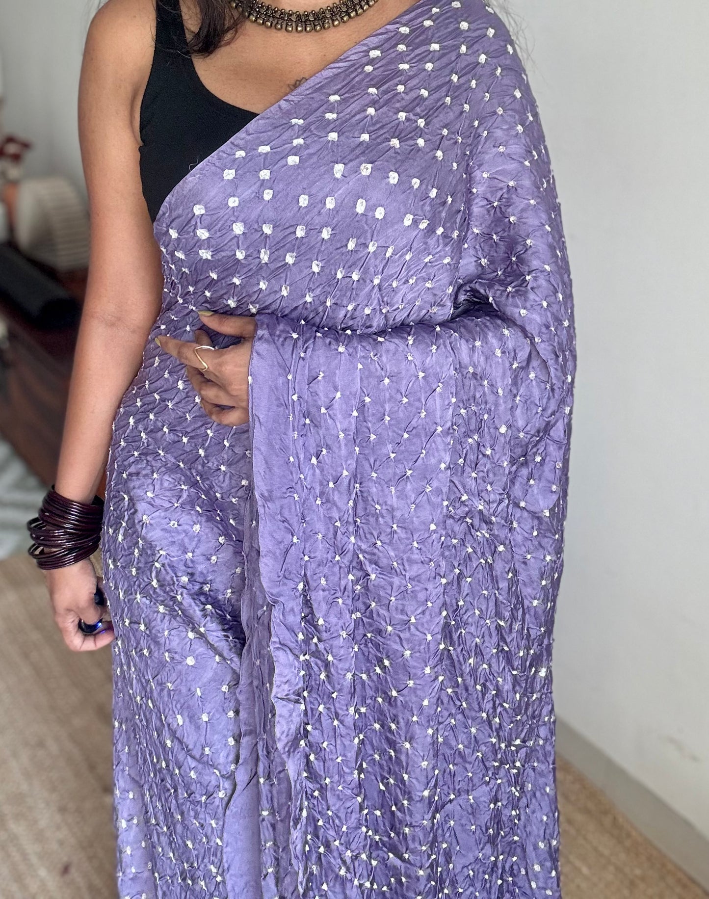 Lavender, crushed bandhej pure modal silk saree with lagdi patta zari pallu - YCTOKBM331
