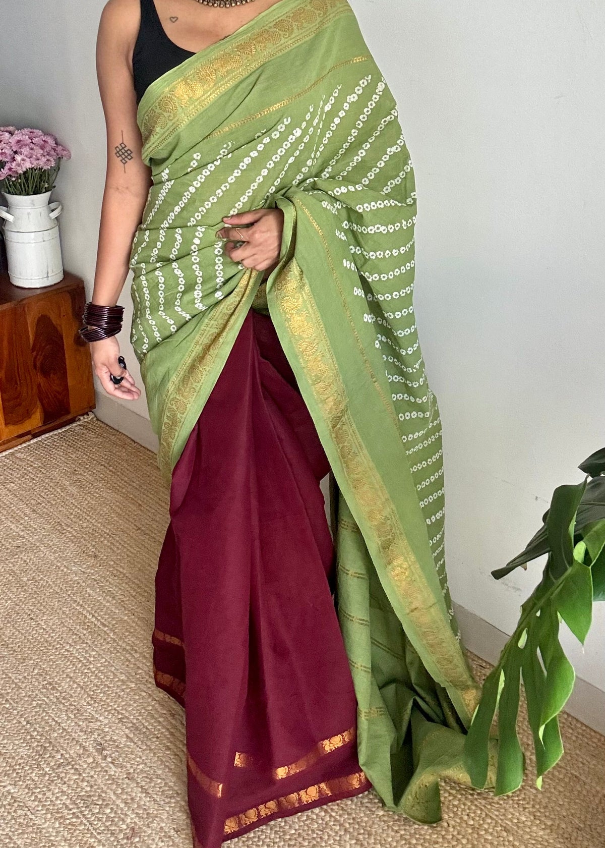Pista green with maroon, cotton half and half saree - YCCOTNIDOC140