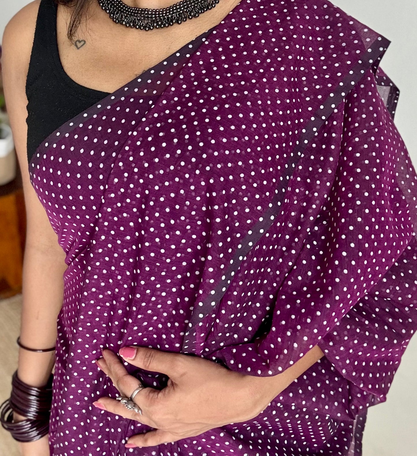 Purple with white polka dots mul cotton saree  - YCBCMCAP49
