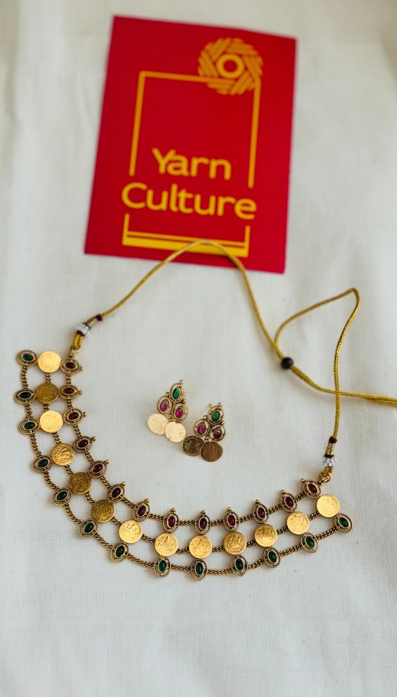 Three layered coin necklace, ruby and green stones, with earrings - YCGPNP770