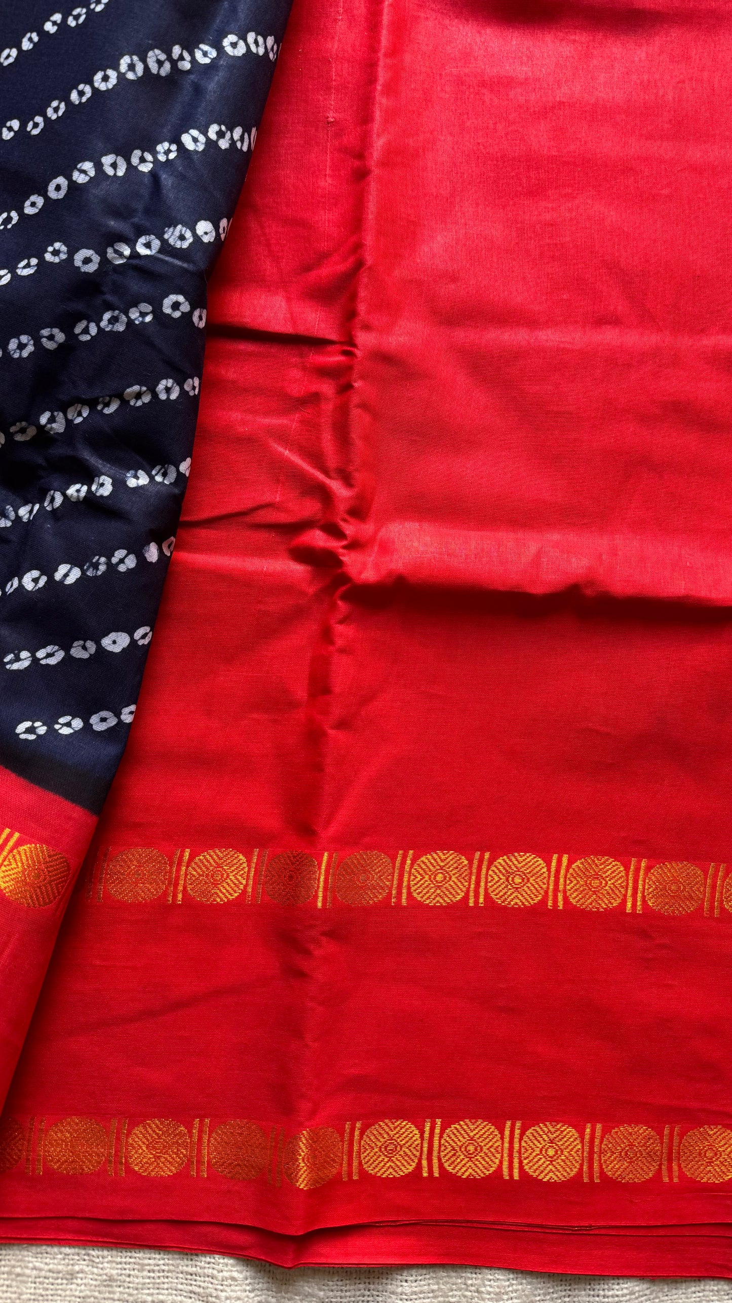Dark navy blue with chilli red printed sungudi, madurai cotton - YCCOTNSUDE103