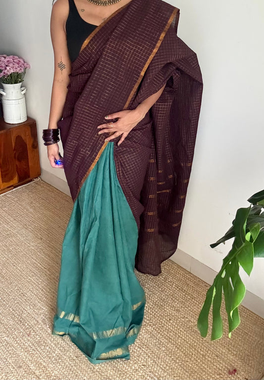Brown with mint green, sungudi cotton half and half saree - YCCOTNIDOC155