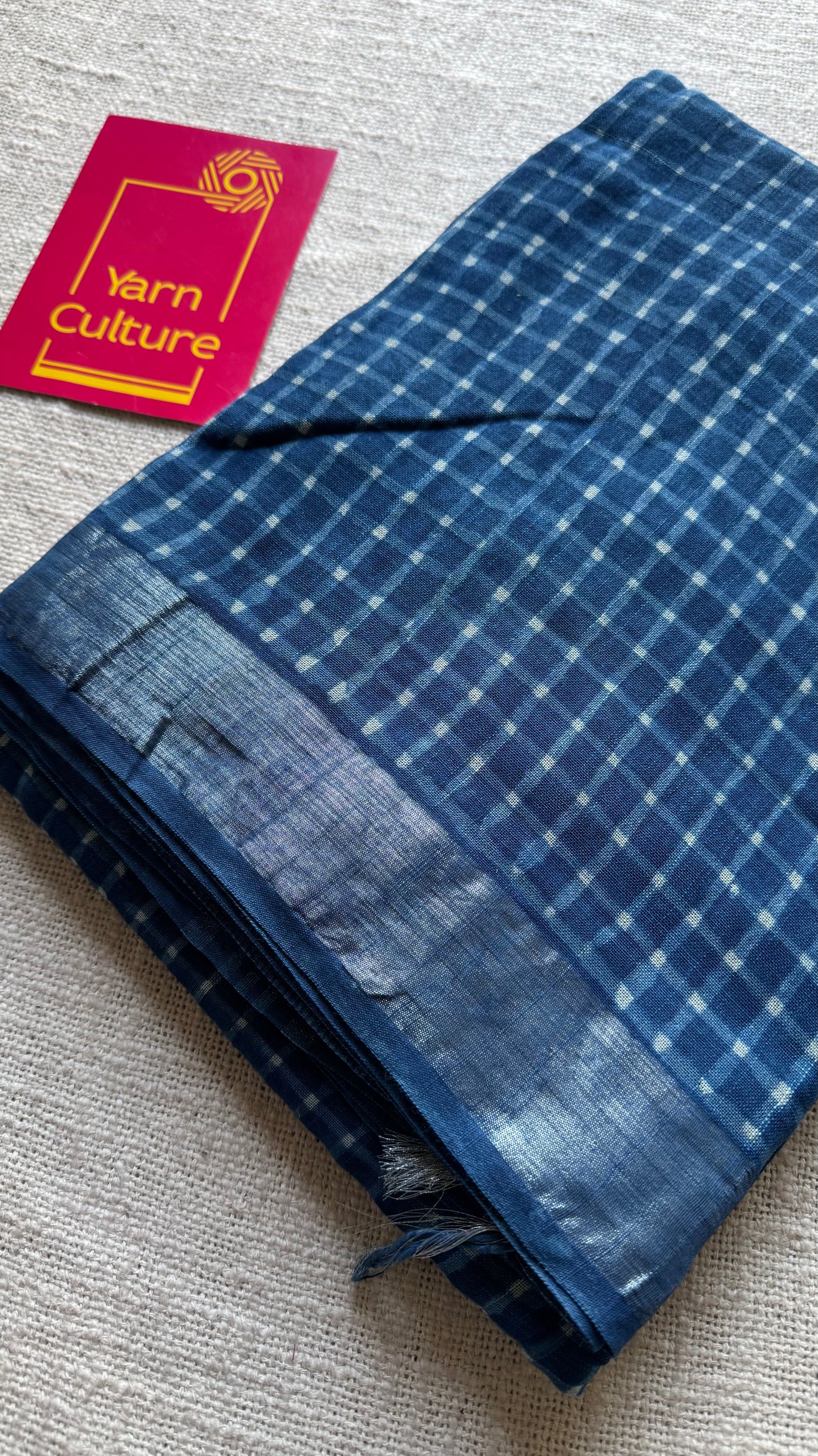 Indigo linen, small checks, silver zari border -YCTORNOP17