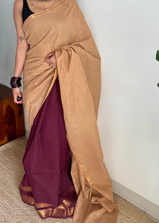 Maroon and cream, sungudi and chettinad cotton half-half saree - YCCOTNIDOC28