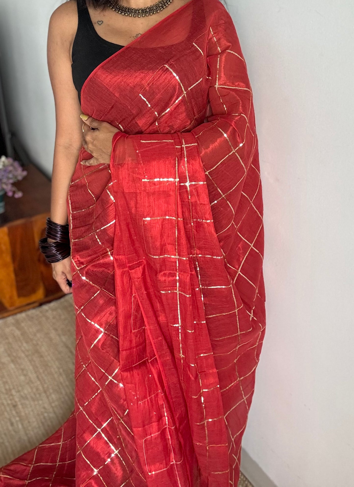 Red, checkered sequins work, mul tissue - YCBCMCJA07