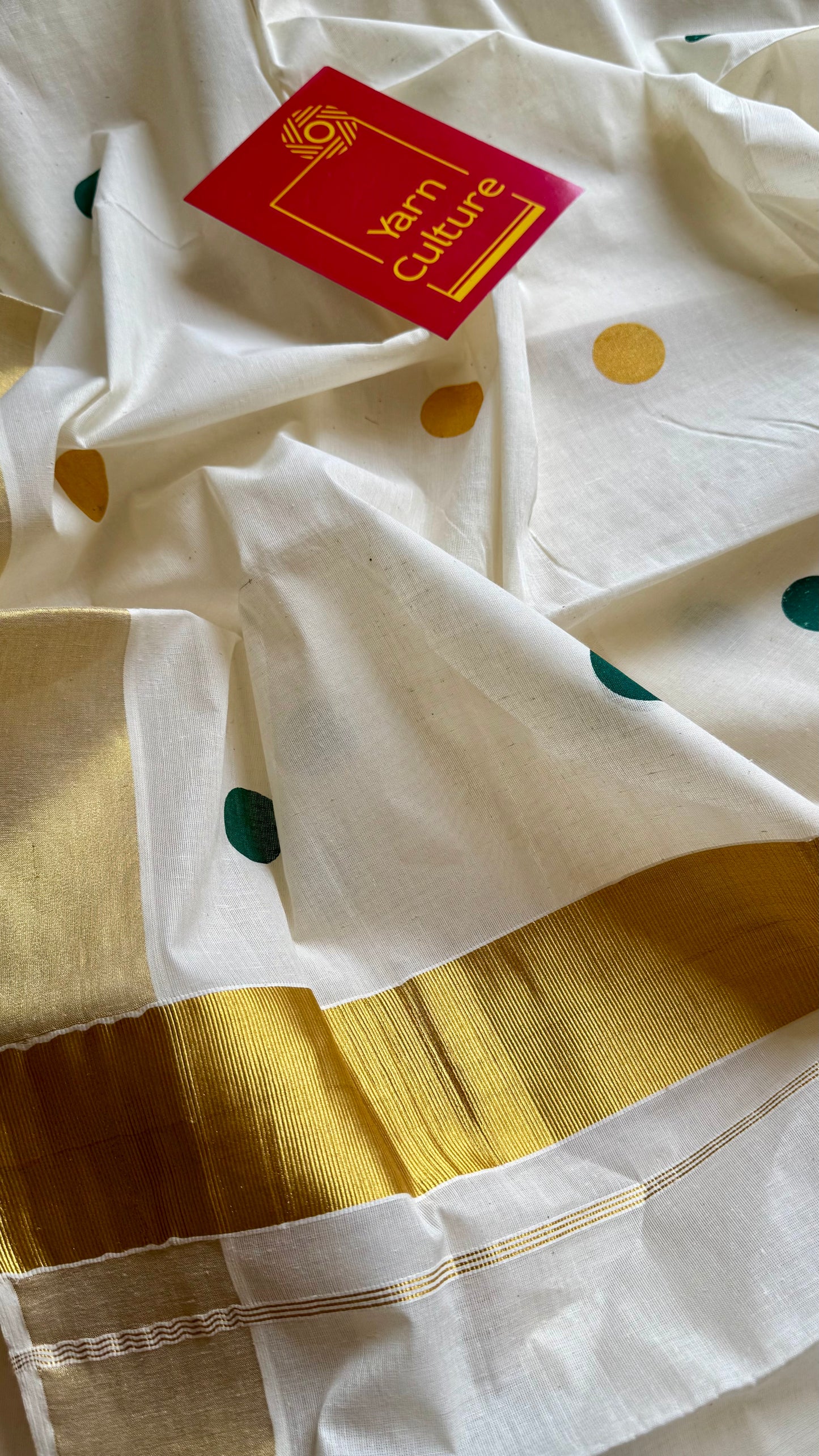 Ivory and gold soft cotton kasavu saree, dark green and yellow polka - YCIEON71