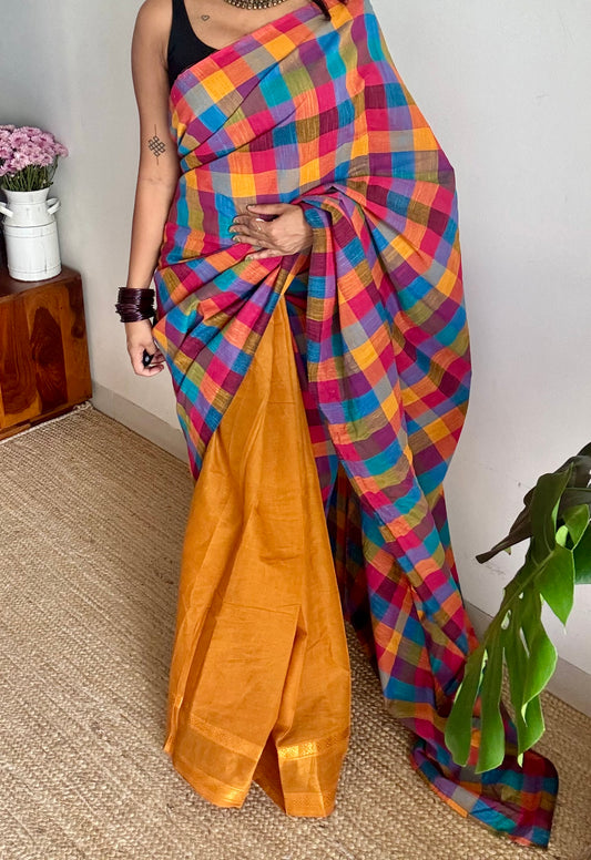 Turmeric yellow with multicoloured madras checks, cotton half and half saree - YCCOTNIDOC161