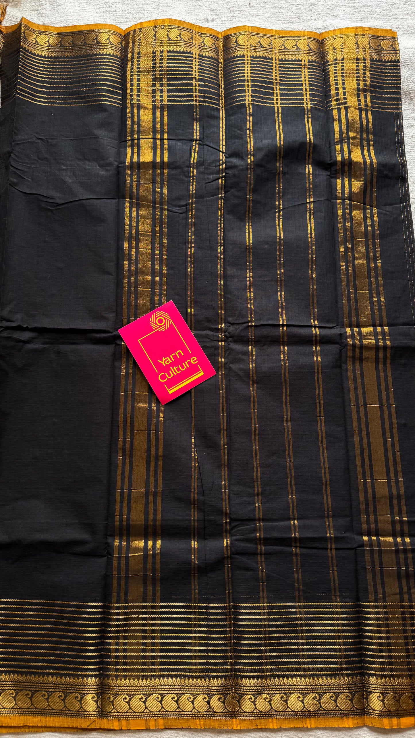 Kanchi cotton saree, black with gold stripes, paisley border - YCCOTNAP92