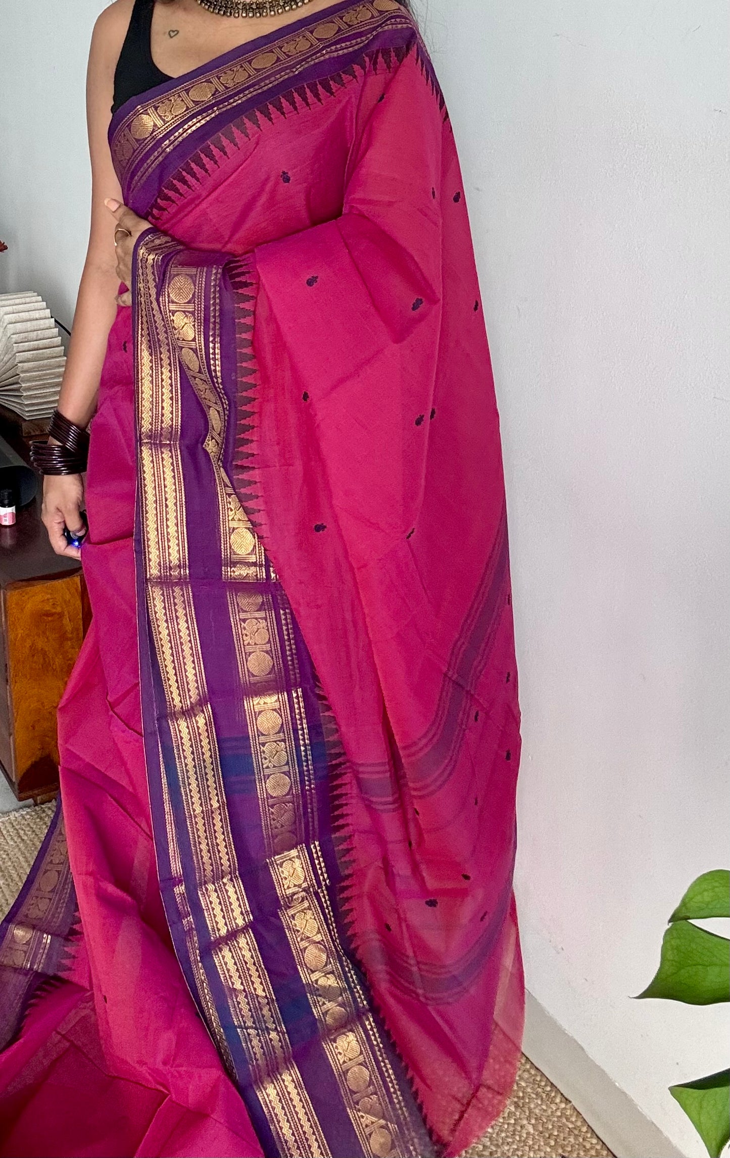 Magenta pink and purple contrast, kanchi cotton saree - YCCOTNMA324