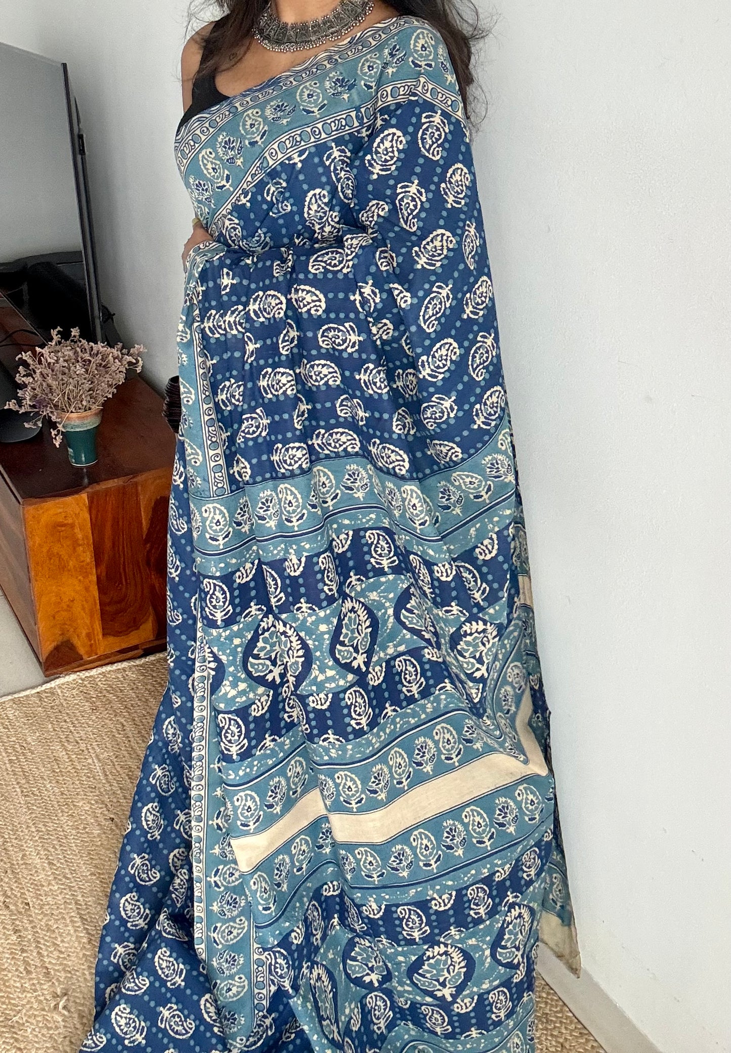 Indigo with light blue kalamkari, paisley motifs, soft cotton - YCWOTDOCMP84