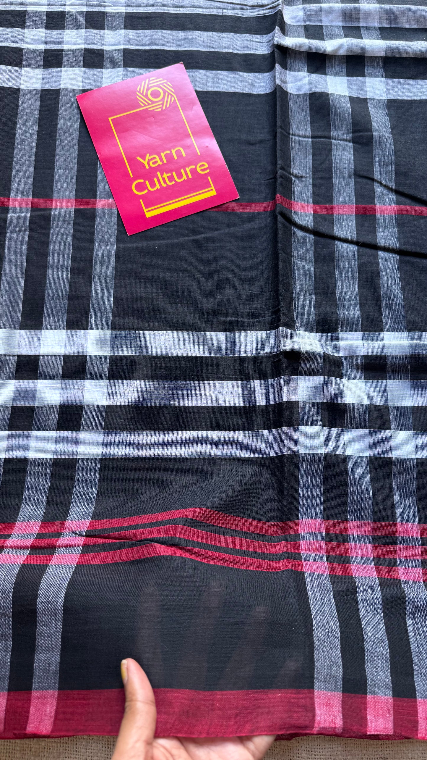 Dhonekhali handloom soft cotton saree, black with white and red big checks - YCBCDFE248