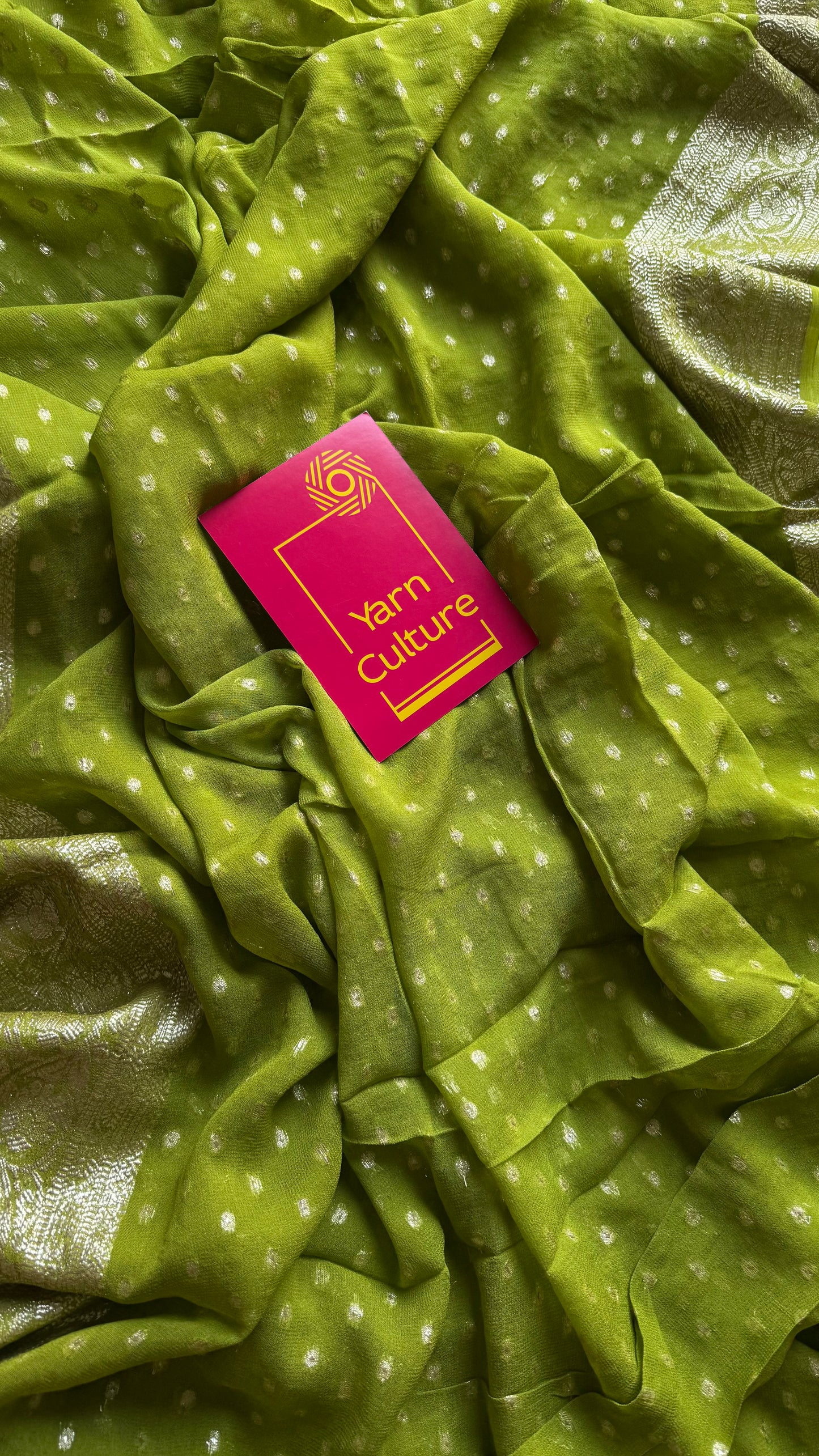 Lime green viscose georgette saree with zari motifs - YCDOSFE204