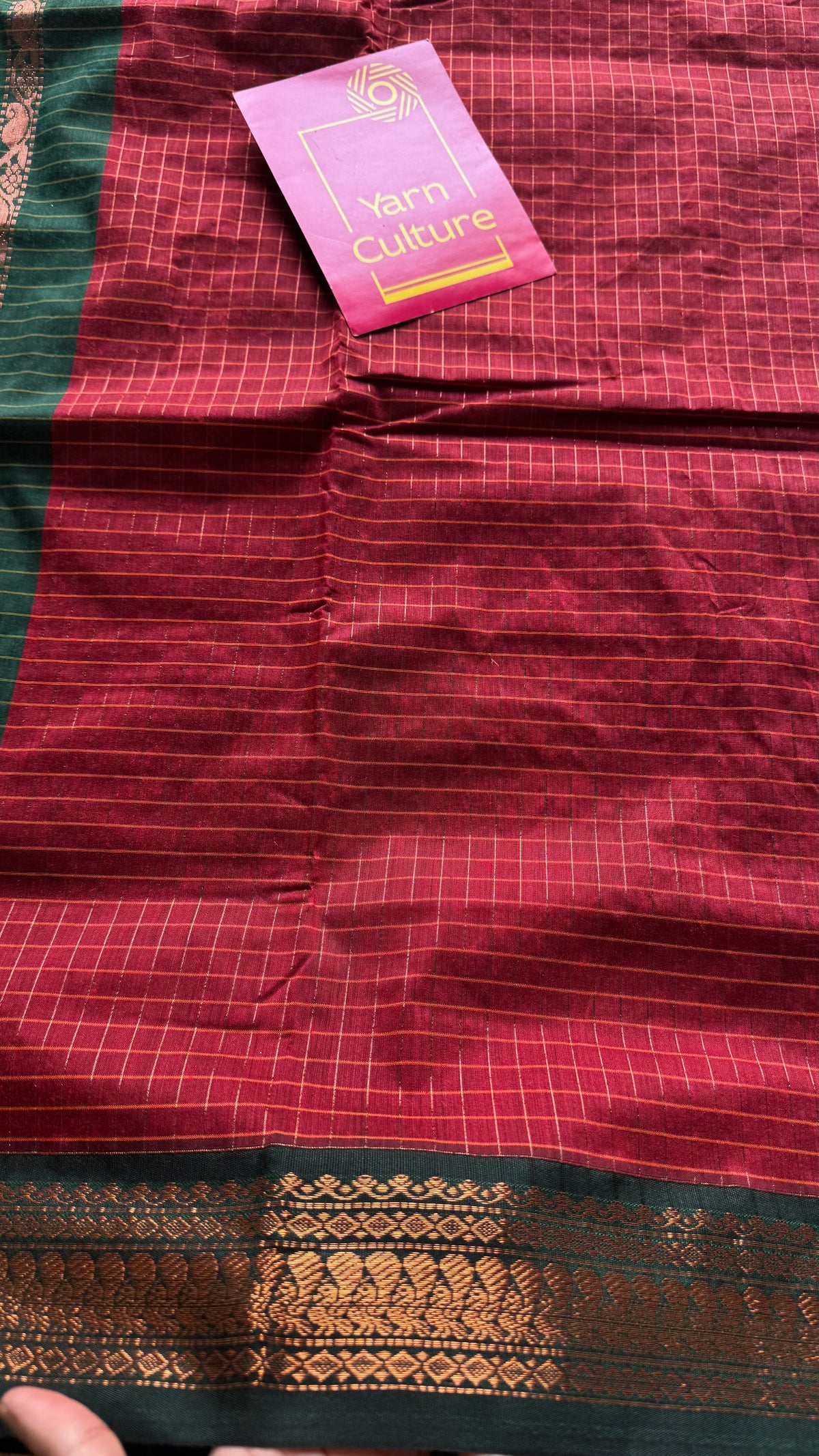 Dark red with green, zari checkered saree, cotton silk - YCCOTNKCOC100