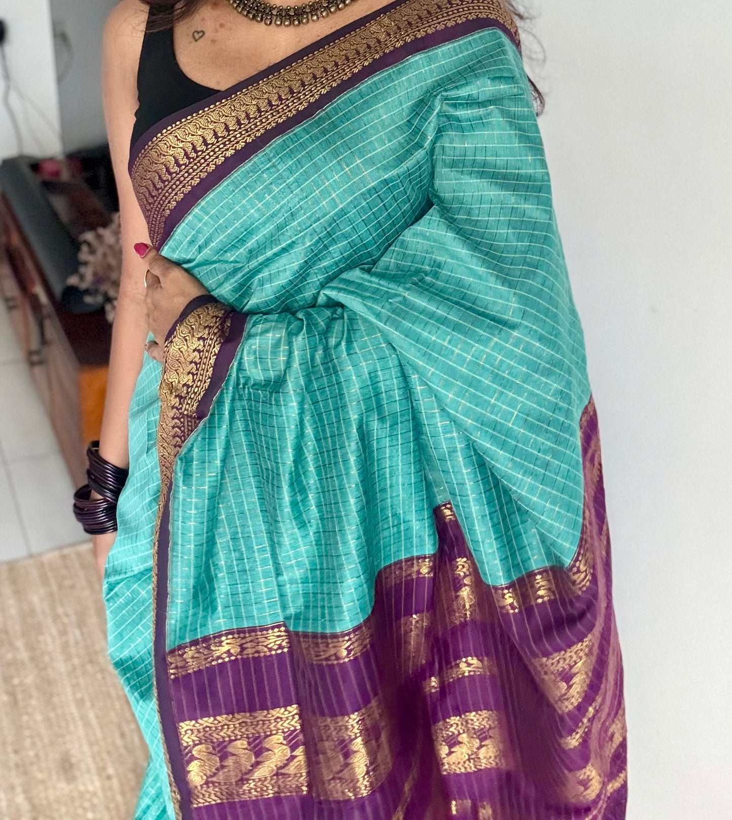 Turquoise with dark wine, checks - cotton silk - YCCOTNOCKC38