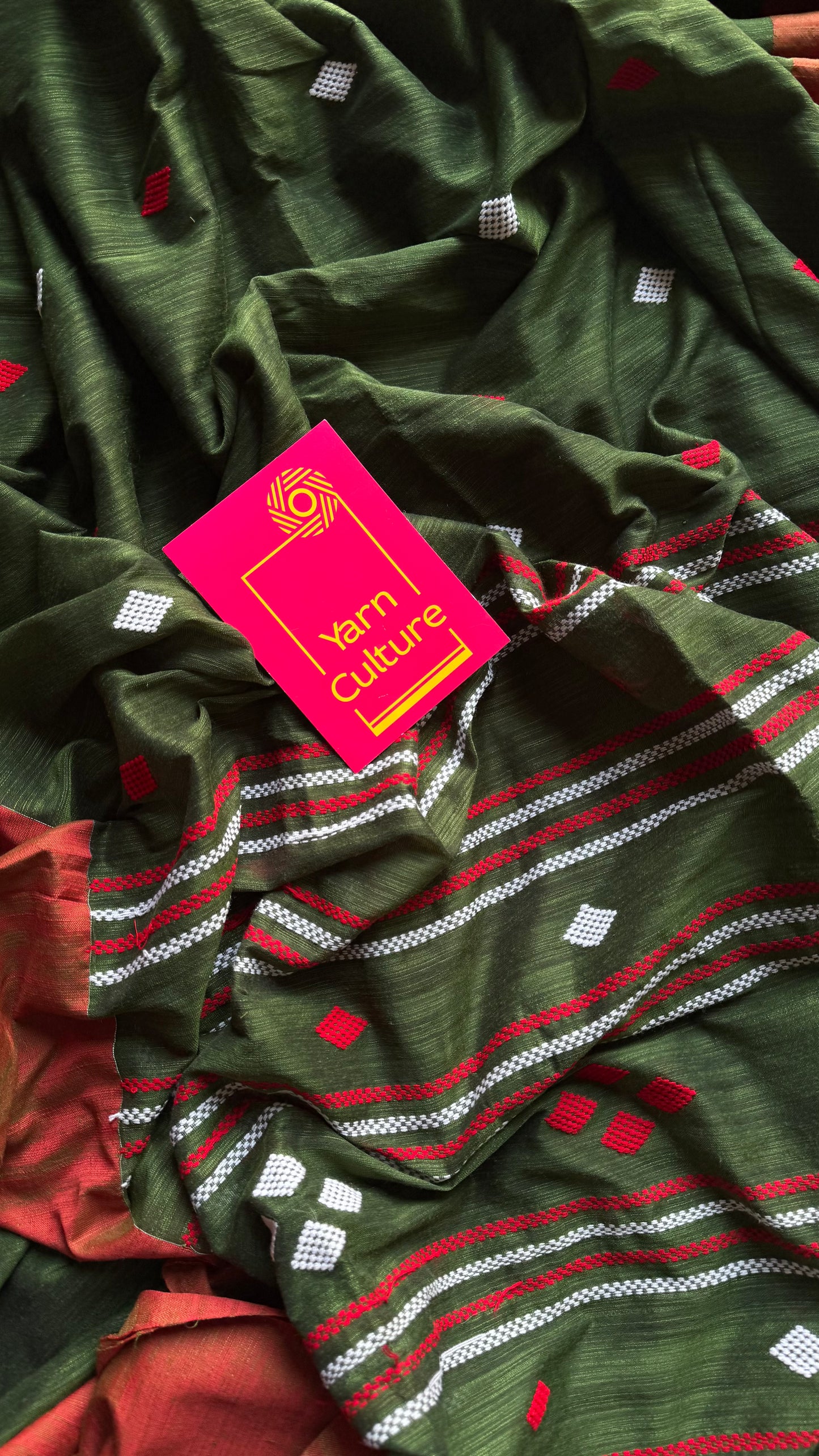 Green with burnt orange, soft cotton with woven motifs - YCBCKCDE26