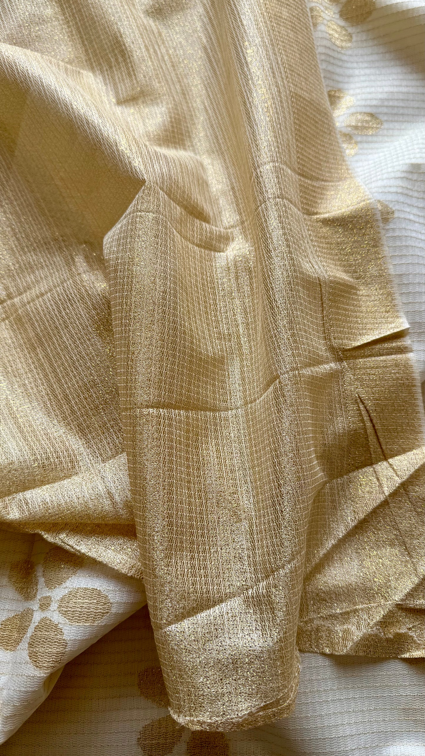 Ivory and gold soft net cotton saree, gold floral prints - YCIEON64