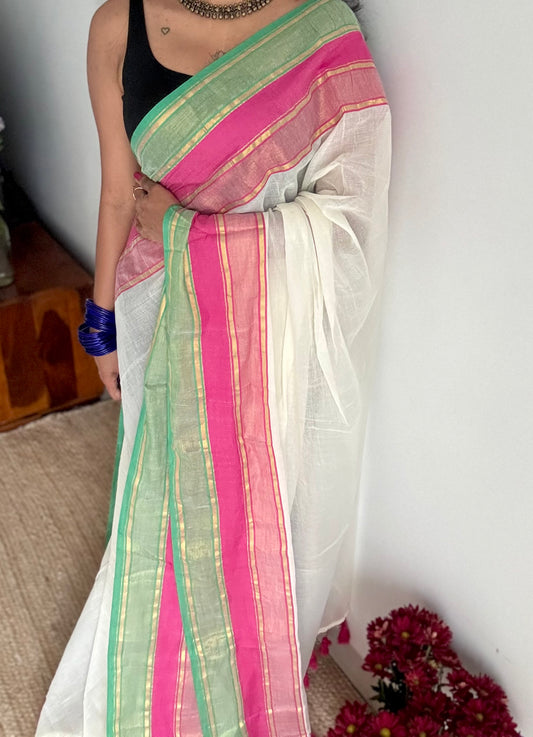White mul with hot pink, green zari plain border - YCBCMCLSE50