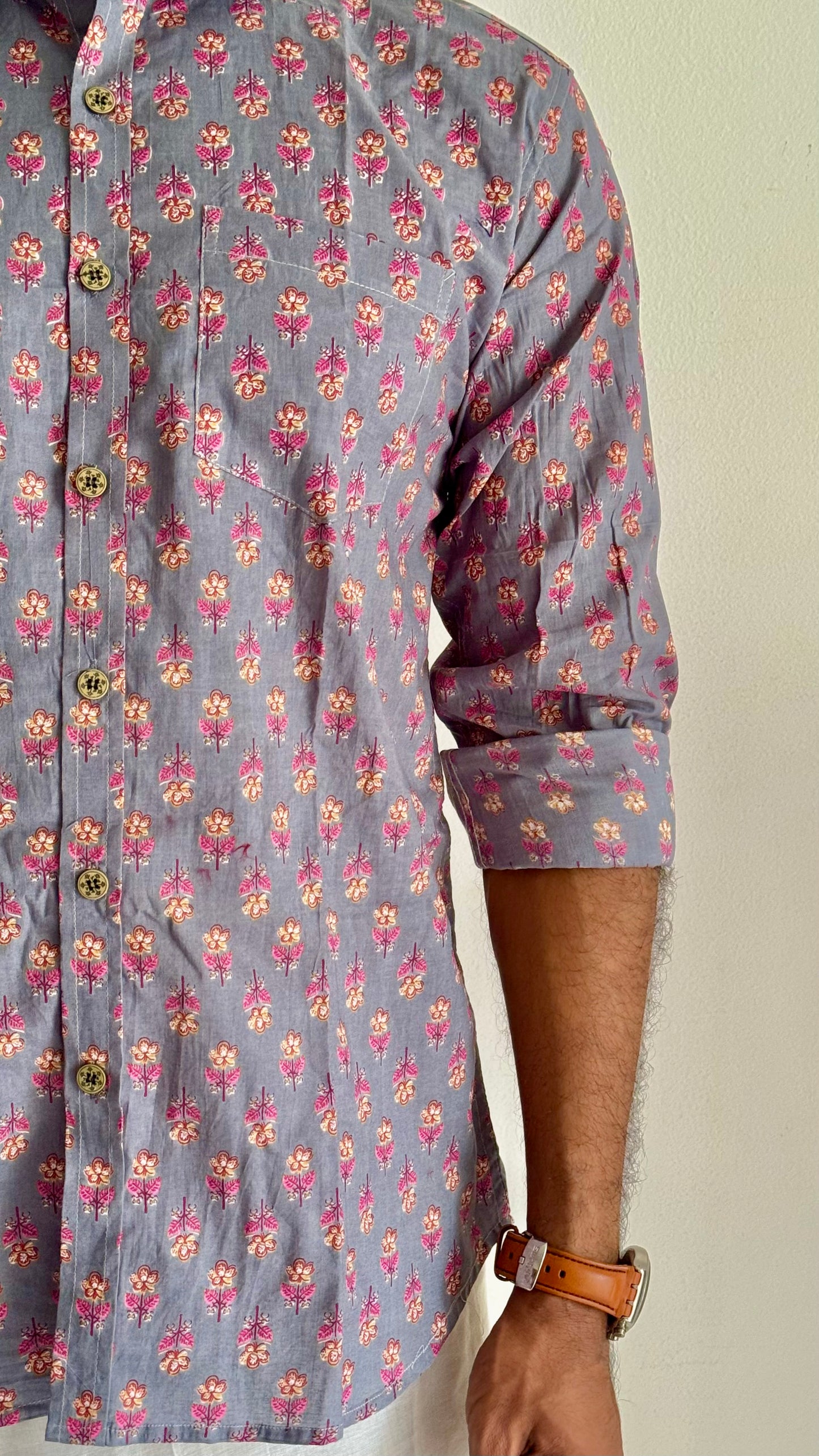 Grey Floral Block Printed Cotton Men's Full Sleeve Collared Shirt - YCMSEIE200