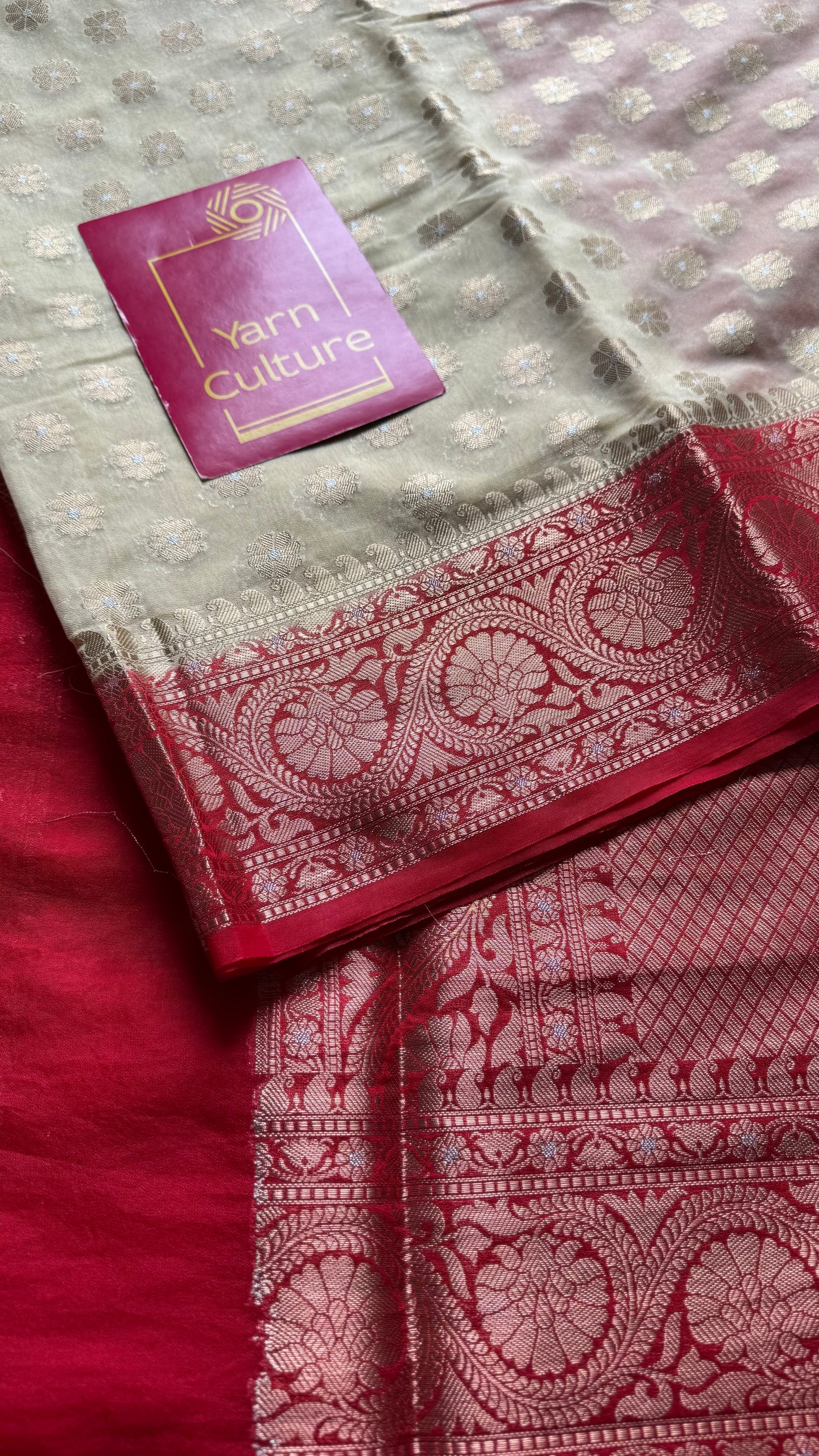 Cream with red contrast borders, banarasi semi georgette - YCBCDP19