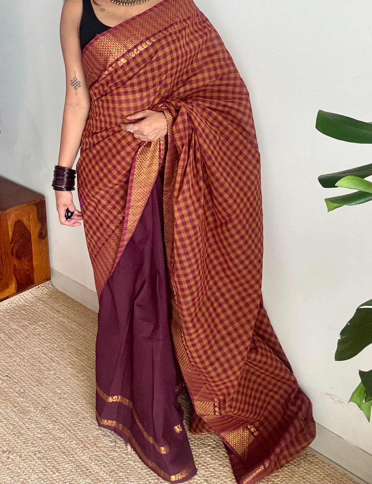 Maroon with rust orange and maroon, with sungudi and chettinad cotton half-half saree - YCCOTNIDOC41