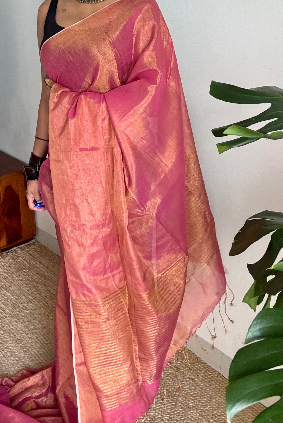 Rani pink with gold, dual tone metallic tissue linen saree - YCBCLTOC55