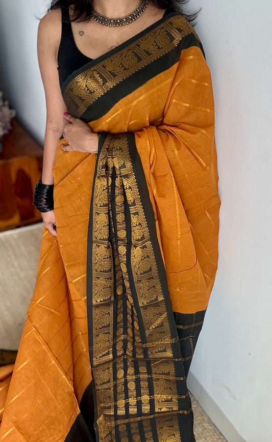 Turmeric yellow with black, peacock rudraksham motif, single side broad zari - madurai kattuchayam dyed - YCCOTNAUS27