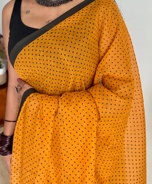 Orange with black polka dots mul cotton saree  - YCBCMCAP53