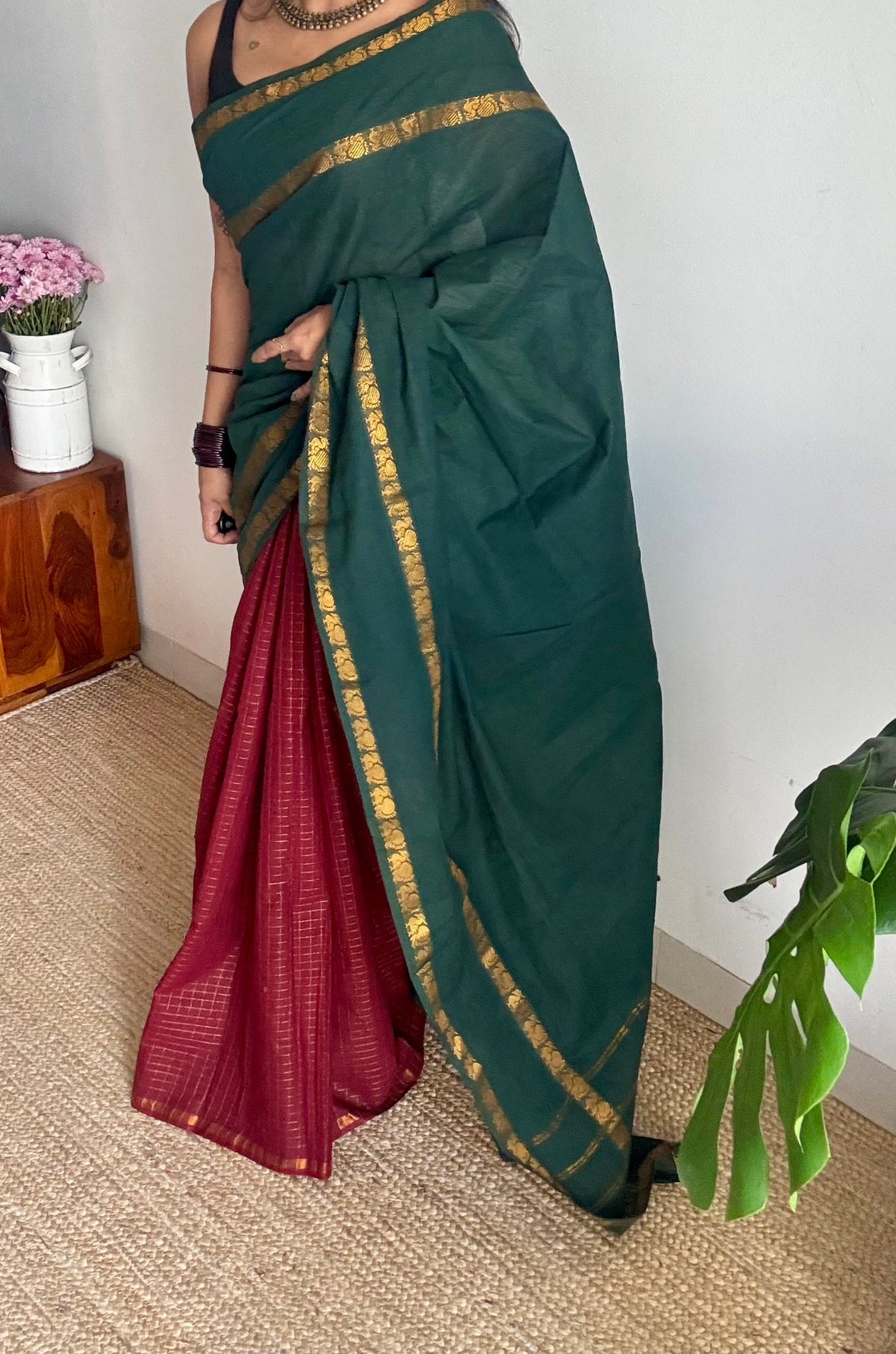 Dark green with maroon, sungudi cotton half and half saree - YCCOTNIDOC157