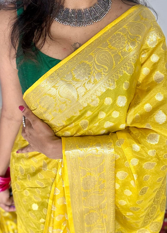 Lemon yellow, silver buttas and zari, Banarasi semi-silk - YCDESE34