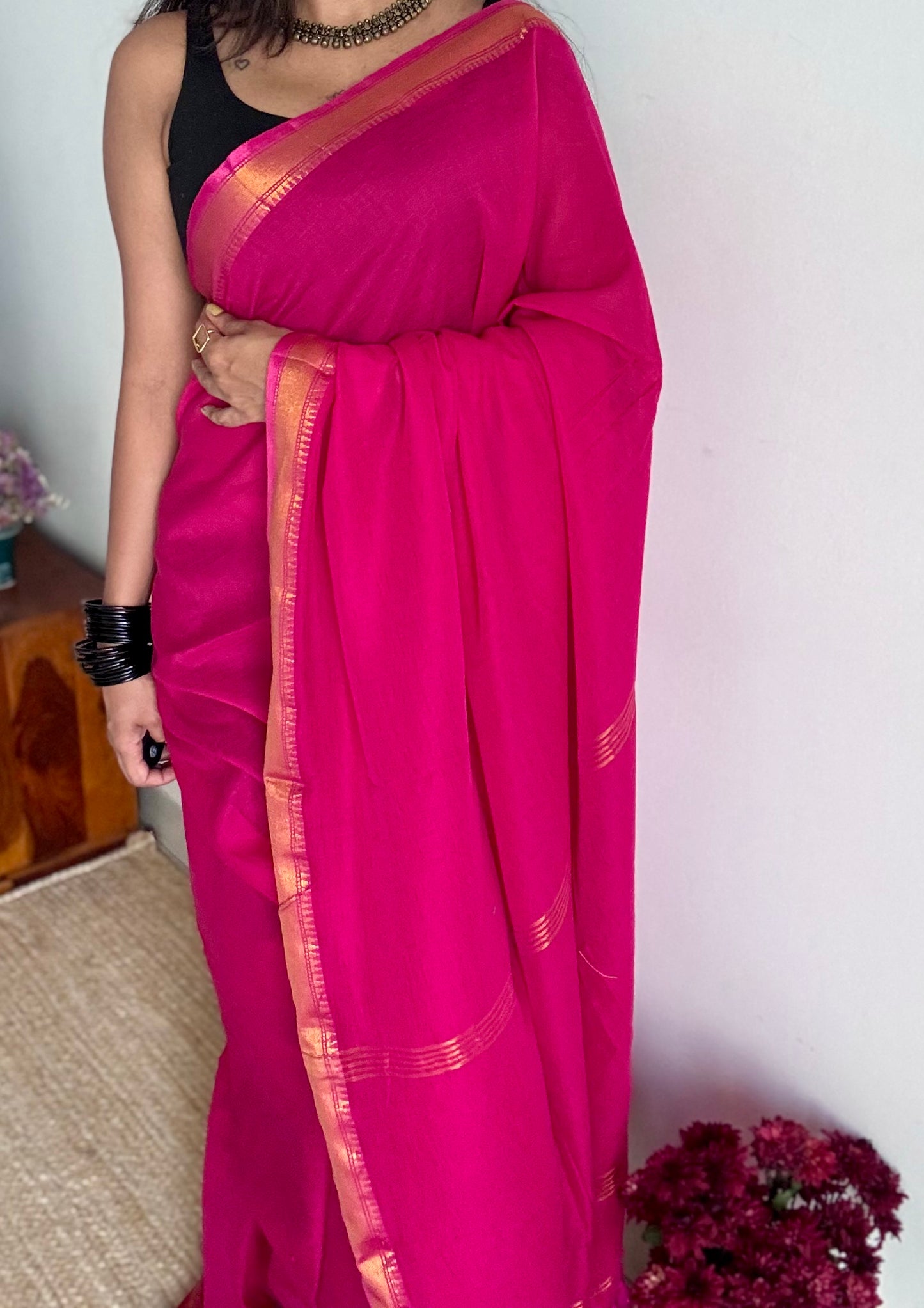 Hot pink soft cotton with maheswari gold zari border - YCBCMCFE217